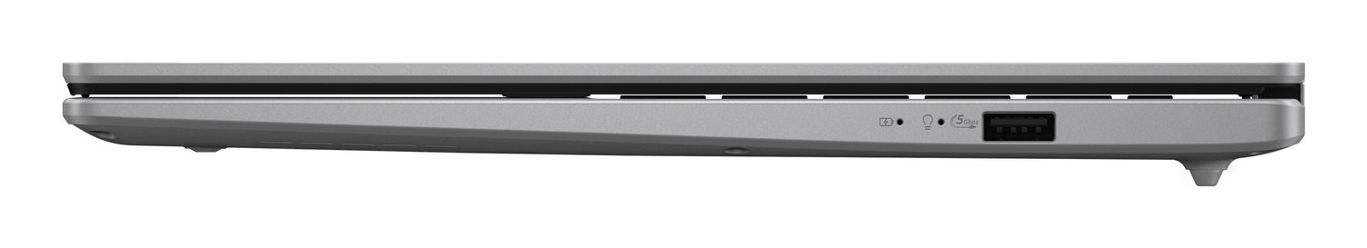 Vista lateral de un portátil plateado con puerto USB e iconos.