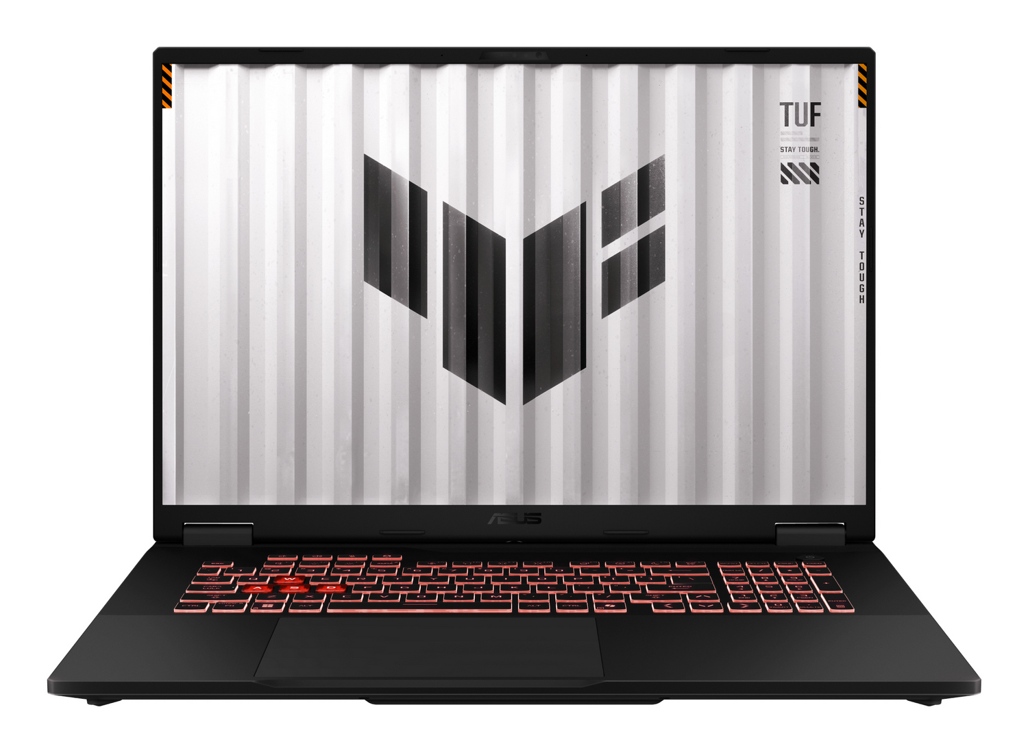 Portátil negro con teclado iluminado y logo TUF en la pantalla.