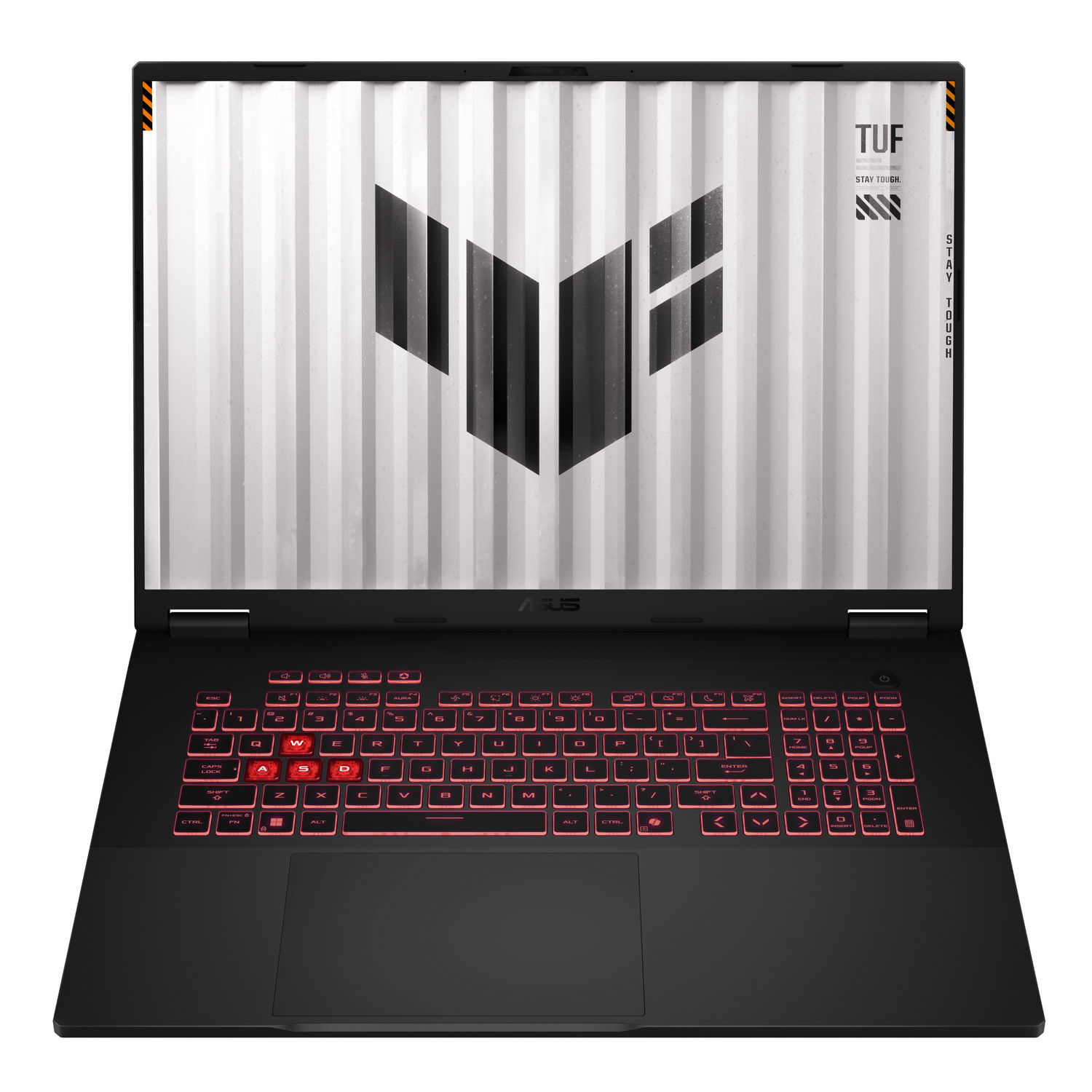 Un portátil gaming ASUS TUF negro con pantalla acanalada blanca mostrando el logo TUF y teclado retroiluminado rojo.