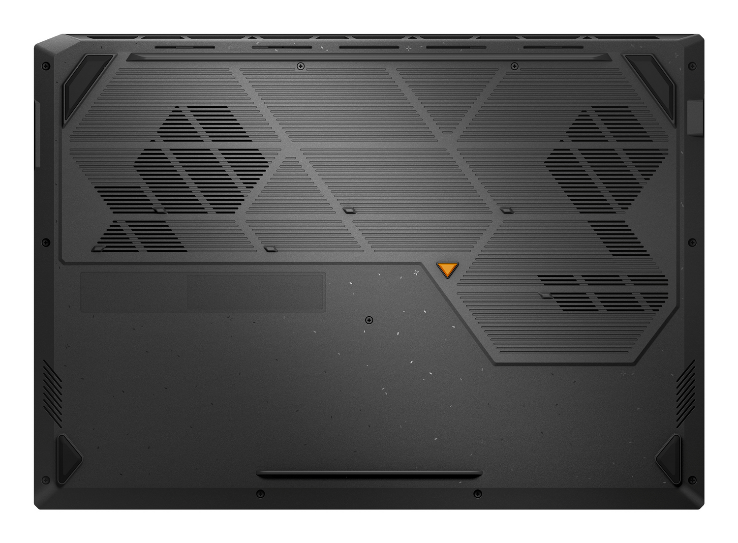 La parte inferior de un portátil negro con rejillas de ventilación y un logo triangular naranja.