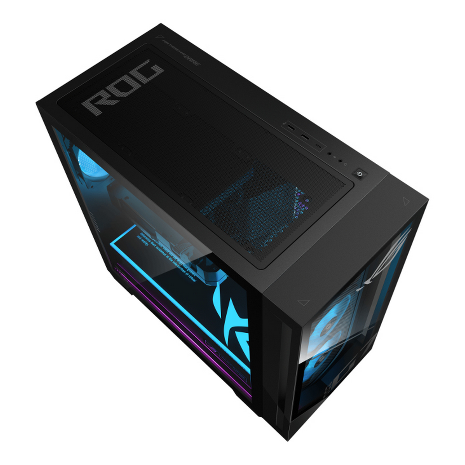 Caja de PC negra con logo ROG y ventiladores azules sobre fondo blanco.