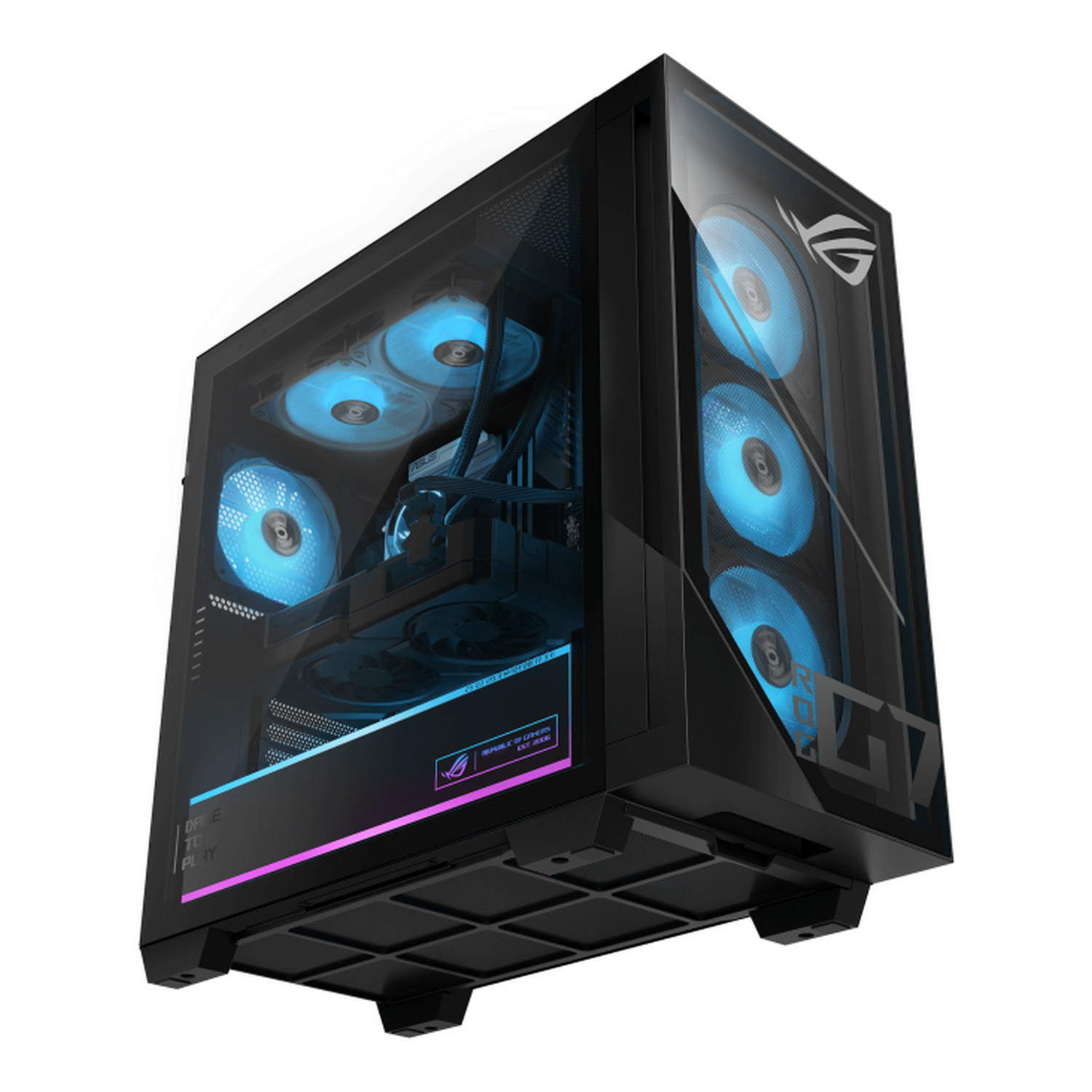 PC gamer negro con ventana de cristal y ventiladores azules, fondo blanco.