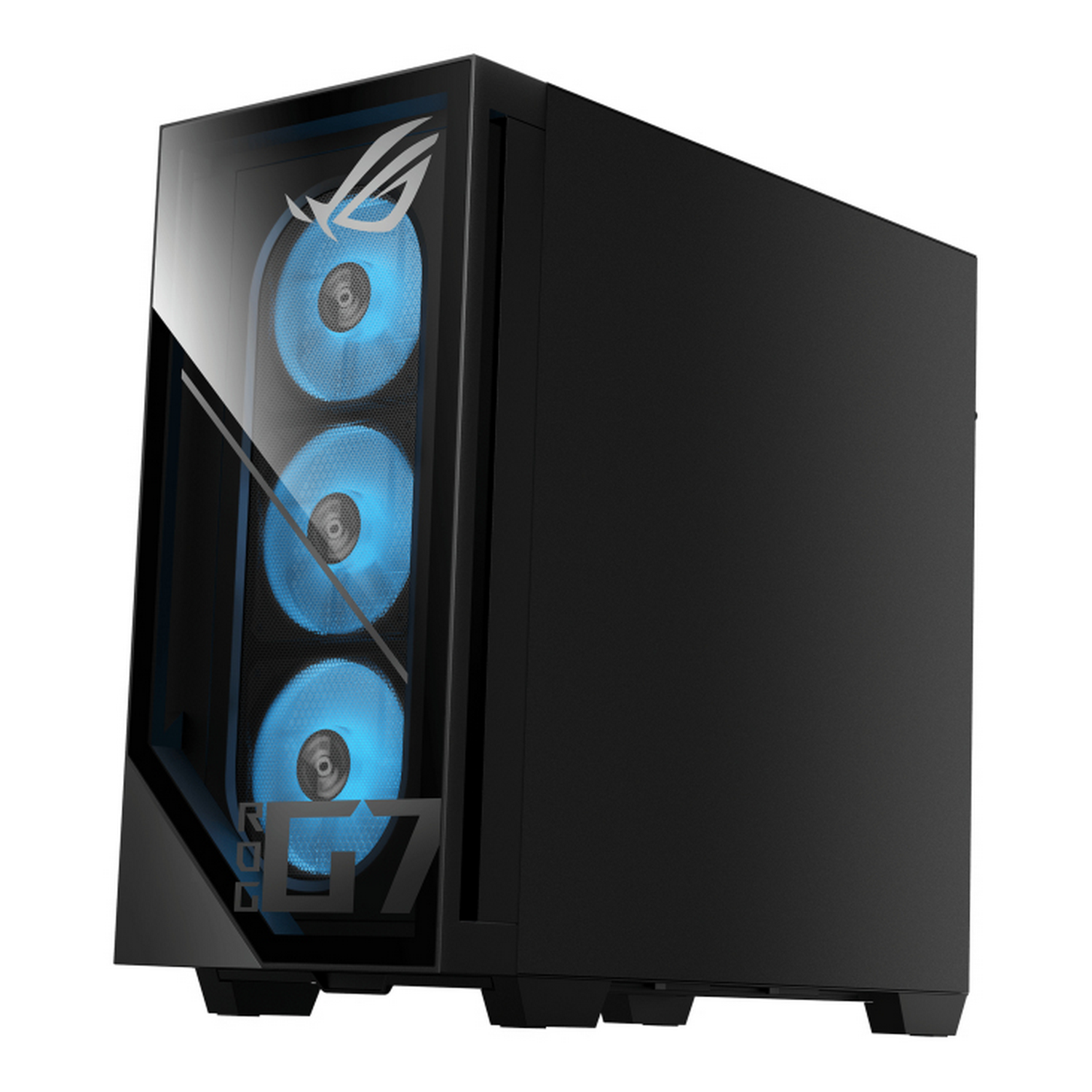 Caja de PC negra con tres ventiladores azules iluminados y logo ROG.