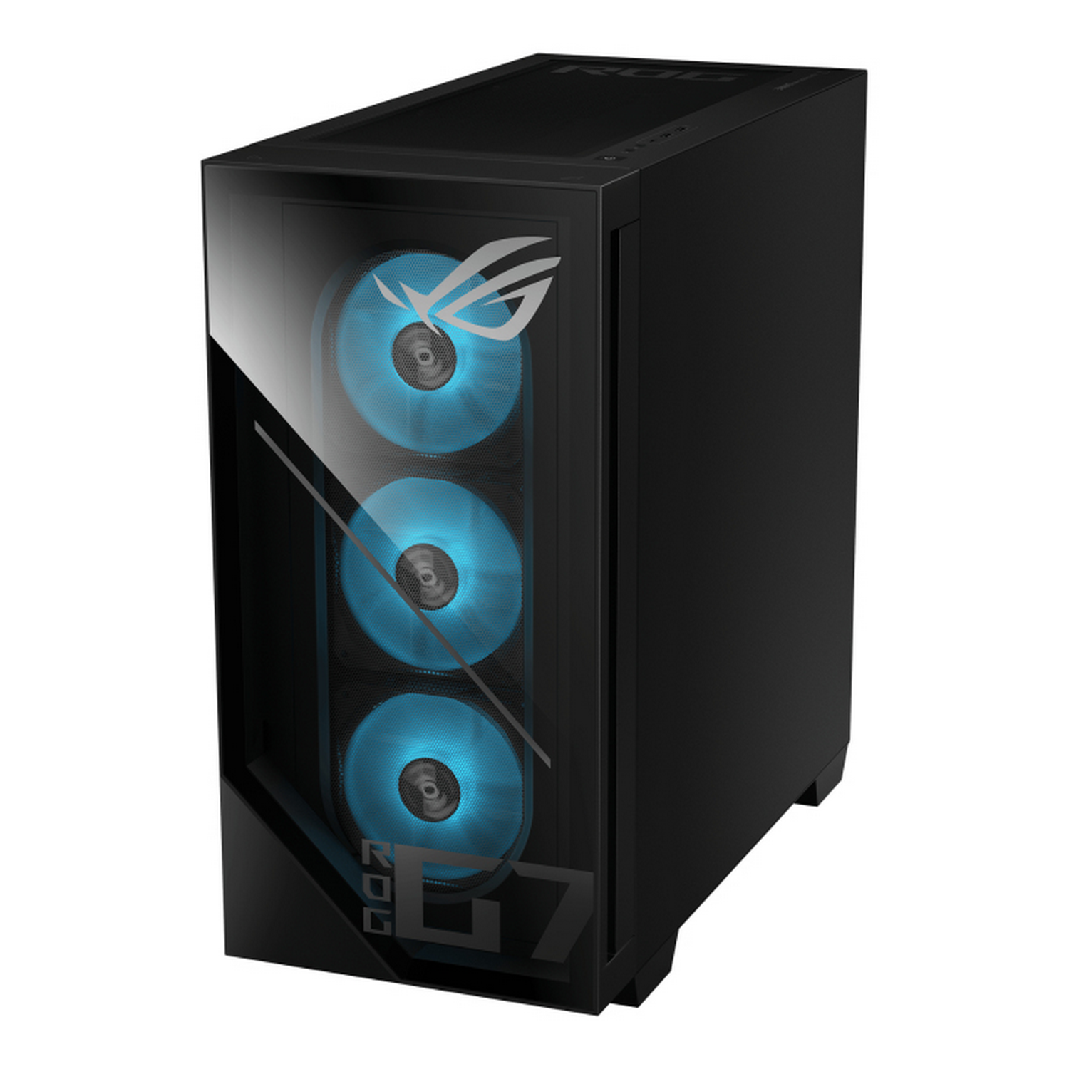 Caja de PC negra con tres ventiladores azules y logo ROG al frente.
