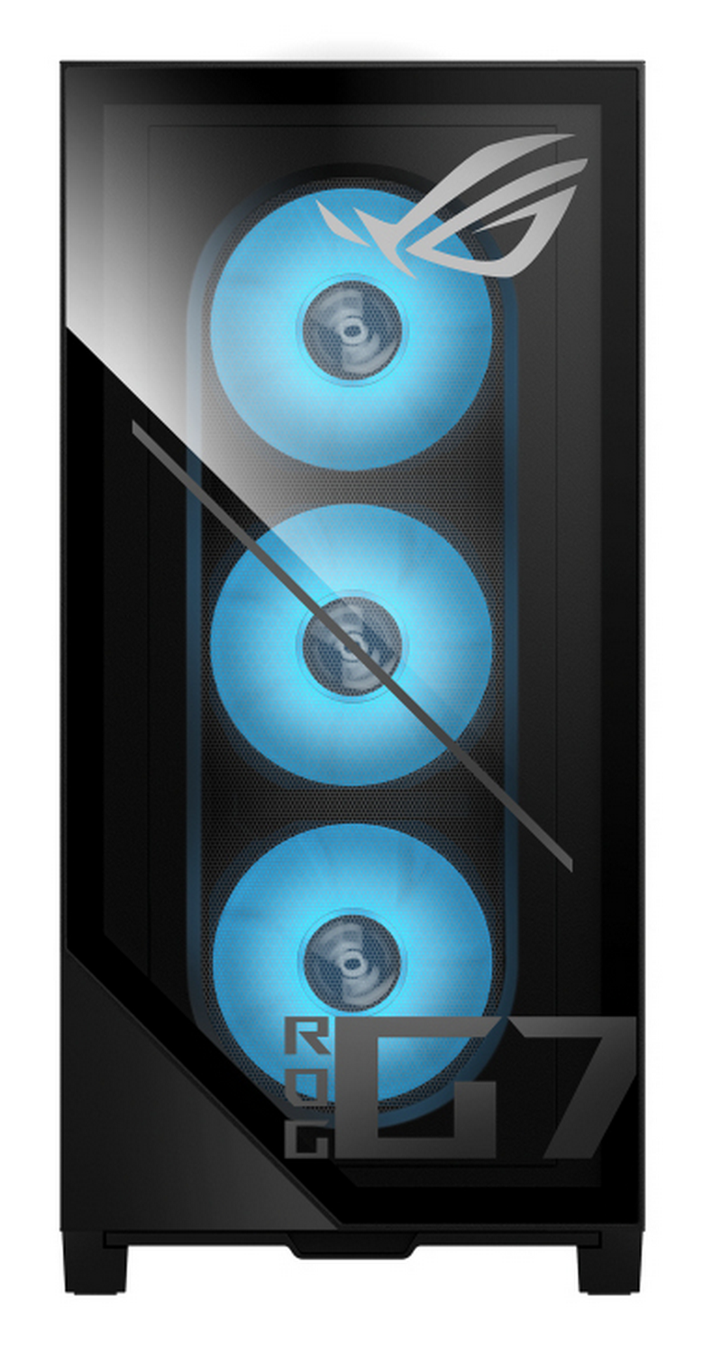 Caja de PC negra con tres ventiladores iluminados en azul y logo ROG.