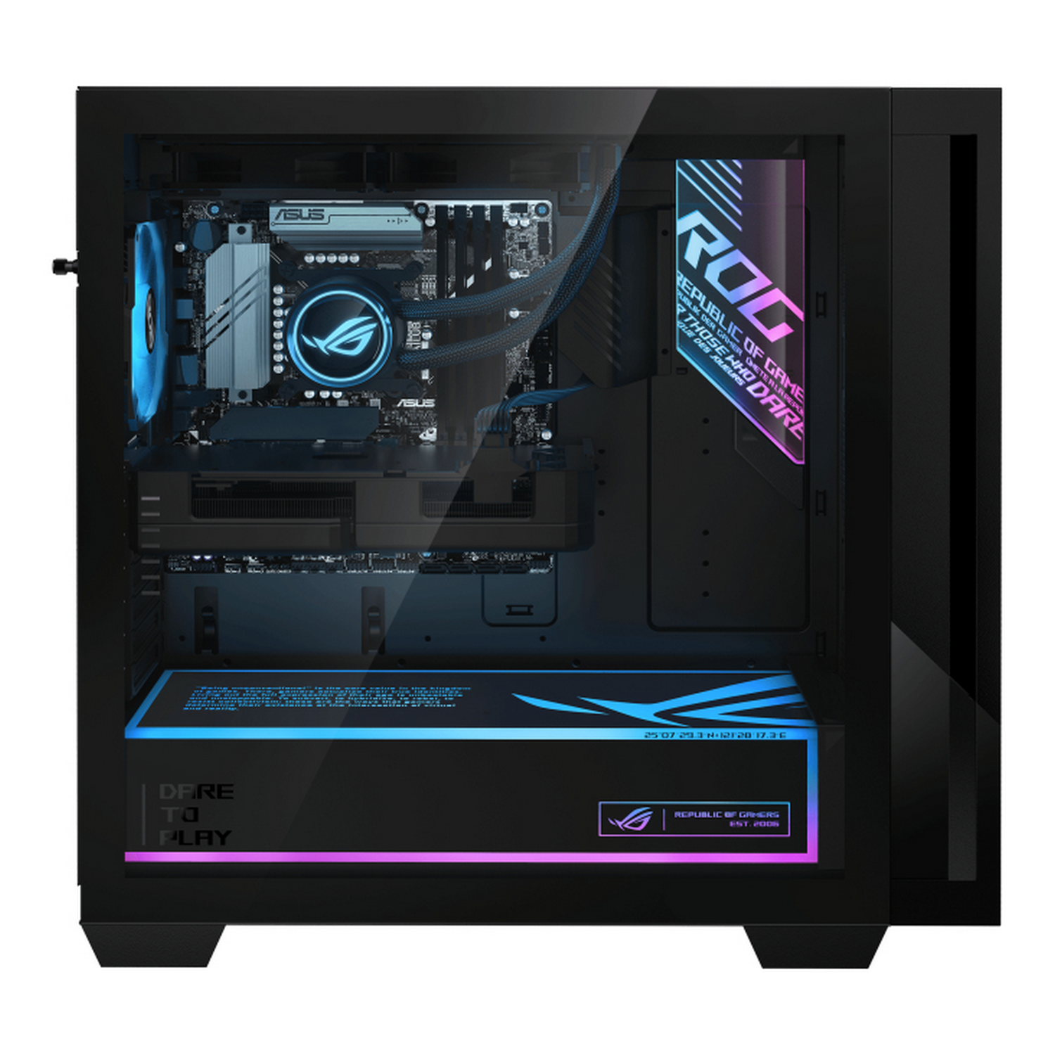 Torre de PC negra con componentes internos visibles. Iluminación RGB azul y morada.