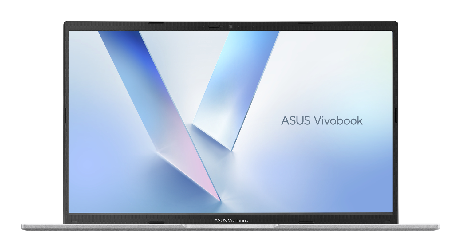 Un portátil plateado ASUS Vivobook muestra un vibrante fondo de pantalla abstracto en tonos azules y rosas.