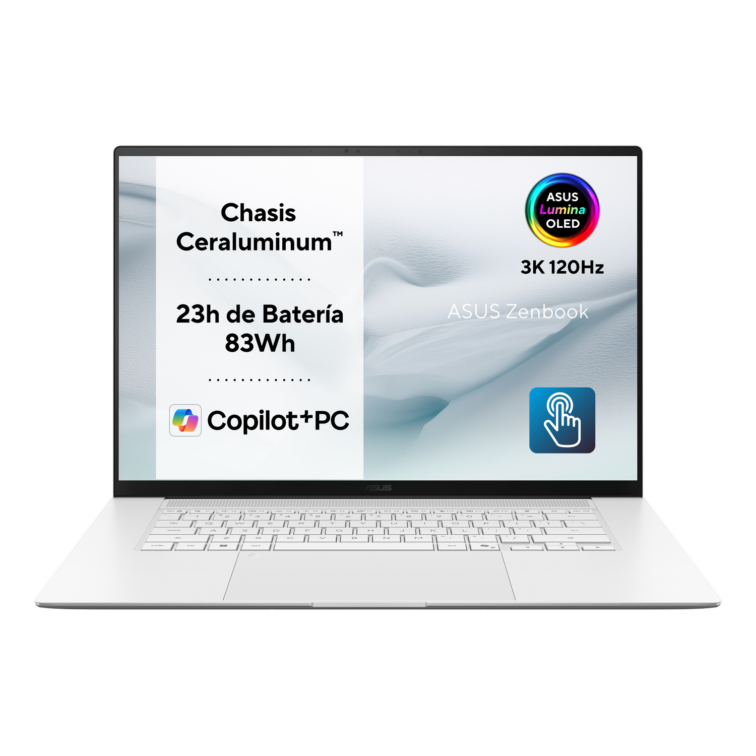 Portátil ASUS Zenbook blanco con chasis Ceraluminum, batería 23h, Copilot+PC y pantalla Lumina OLED.