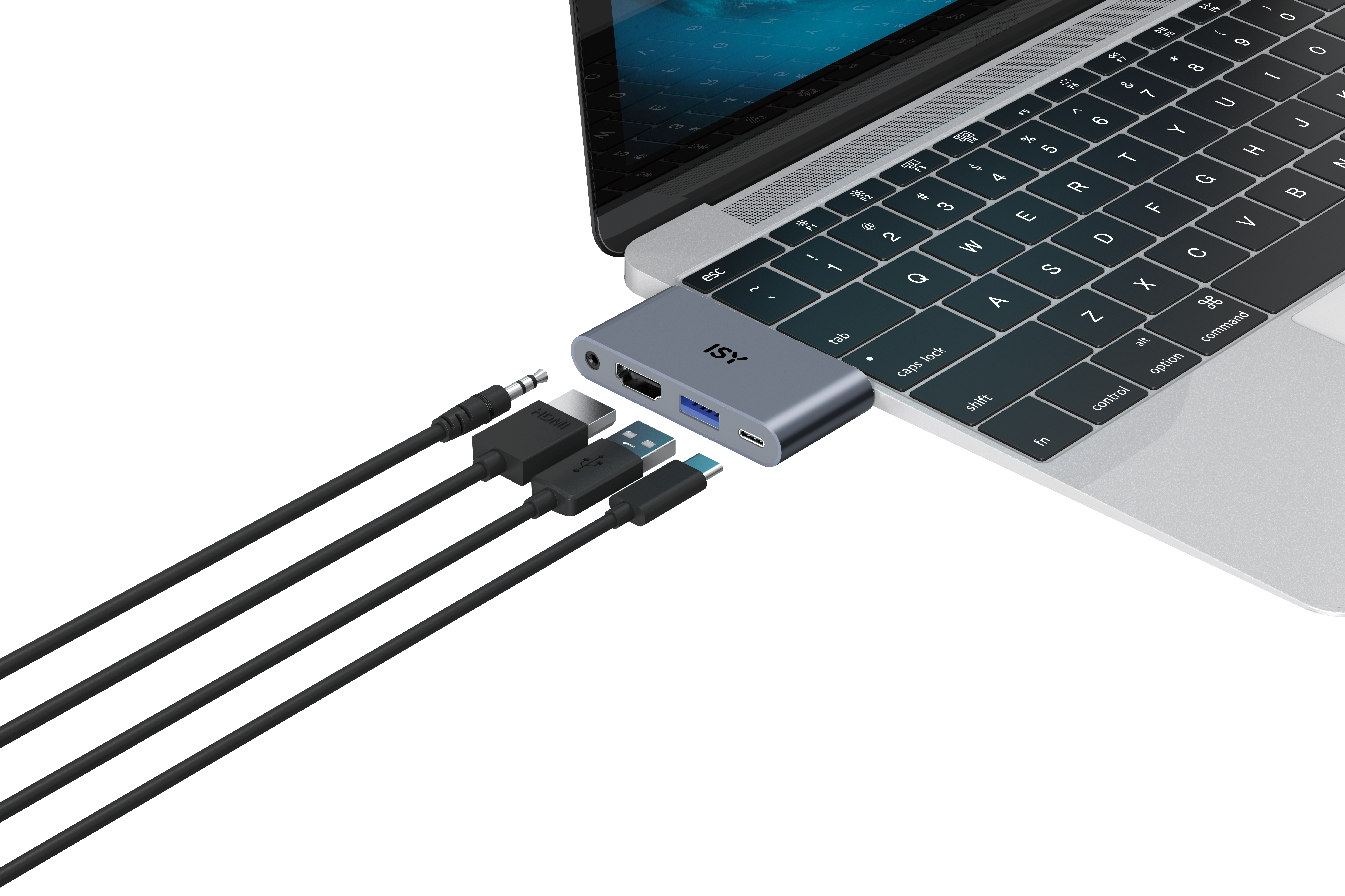 Ein grauer USB-C-Hub mit drei Kabeln, die an einen Laptop angeschlossen sind.