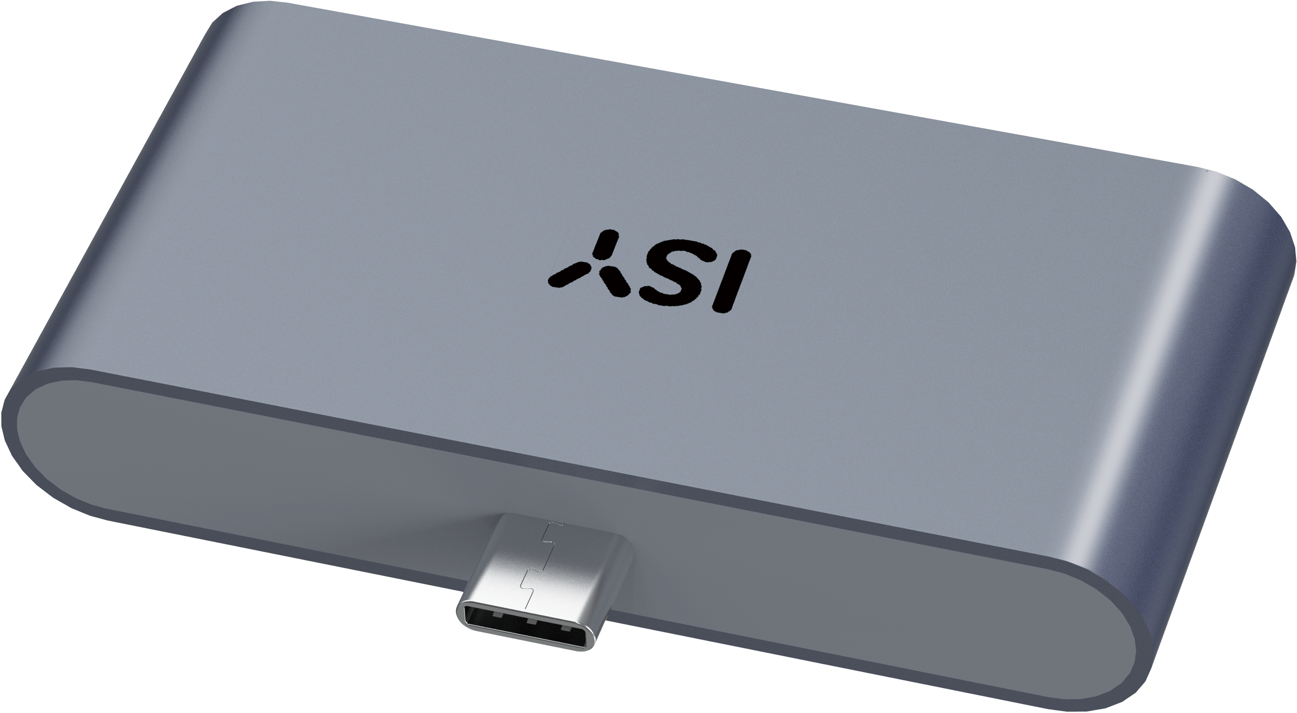 Ein grauer USB-C-Adapter mit dem ASI-Logo. Der Hintergrund ist schwarz.