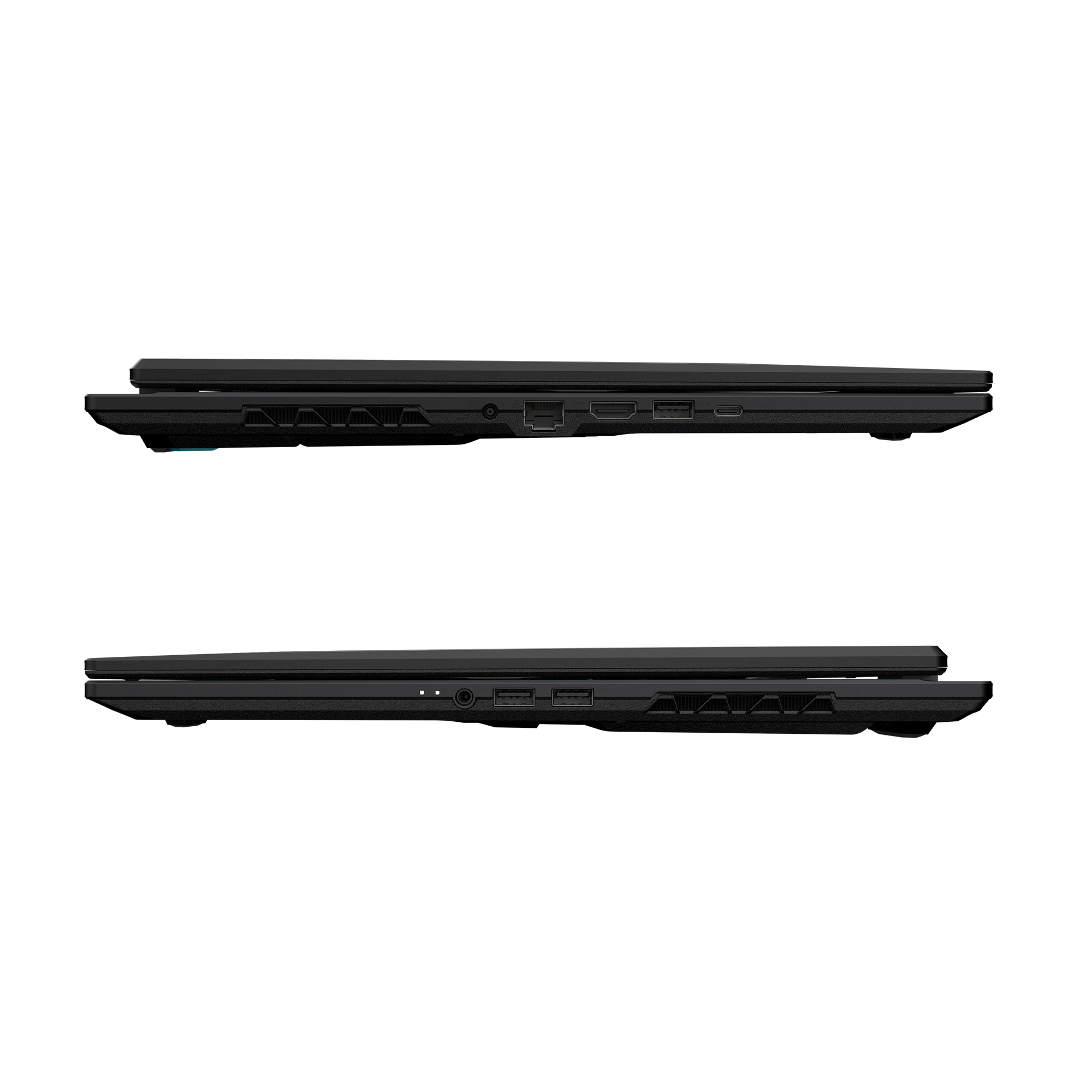 Obere und untere Ansicht eines schwarzen Laptops mit Anschlüssen an den Seiten.