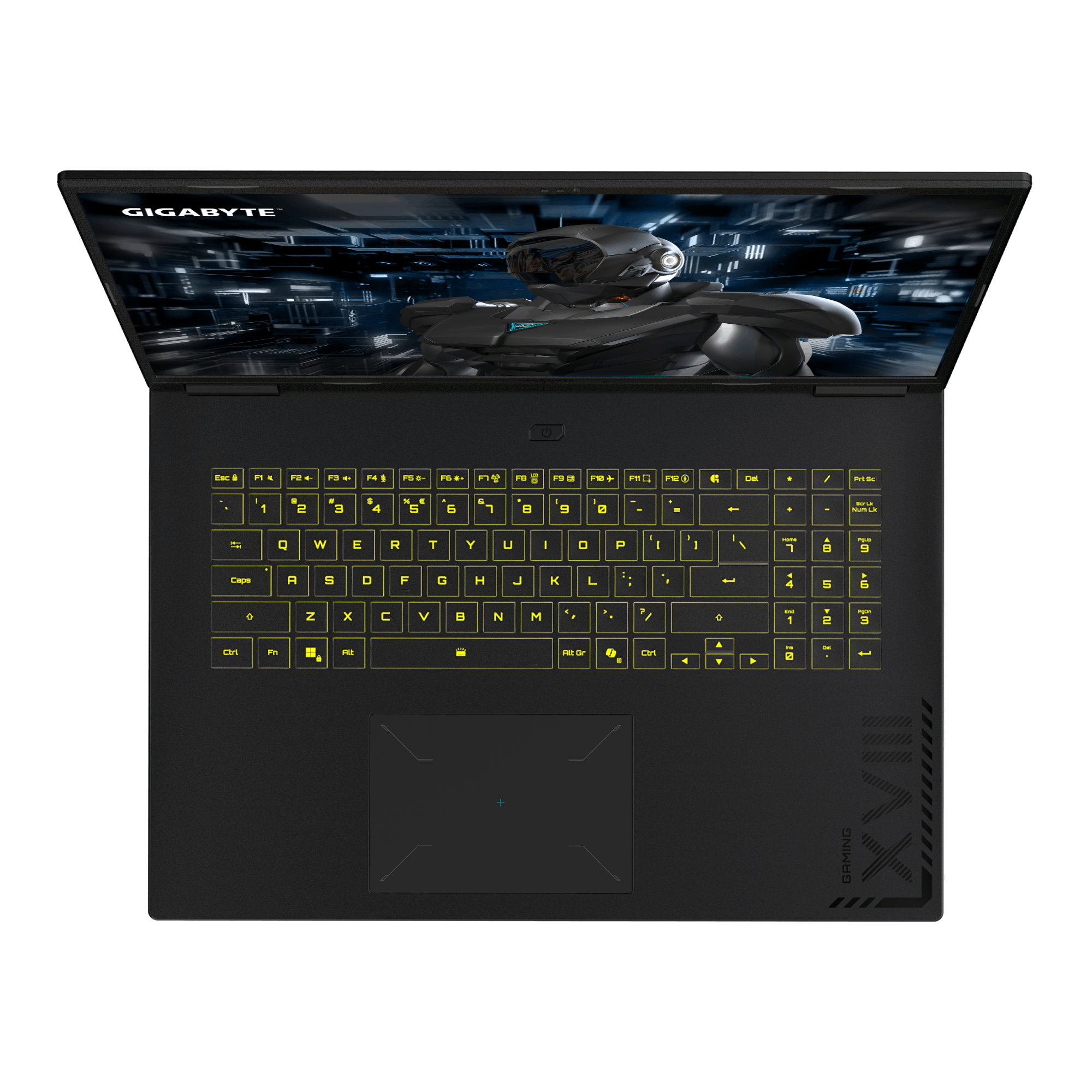 Ein schwarzer Laptop mit gelber Tastaturbeleuchtung zeigt ein futuristisches Roboterbild.