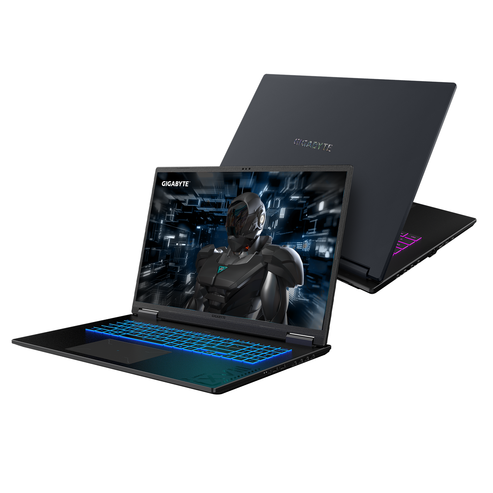 Ein dunkler Laptop mit beleuchteter Tastatur zeigt ein futuristisches Bild eines Roboters.