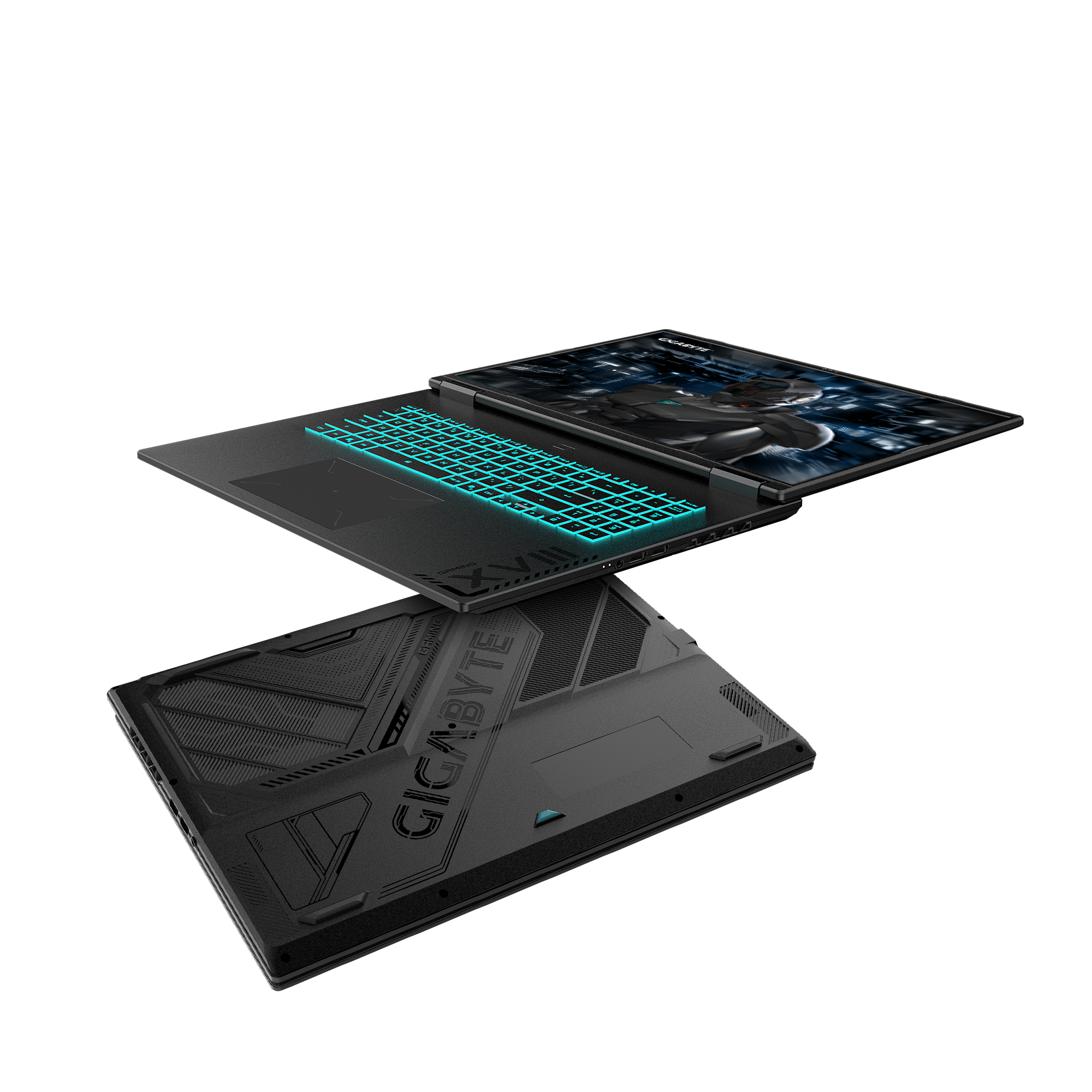 Ein geöffneter schwarzer Laptop mit blauer Tastaturbeleuchtung und Gigabyte-Logo.