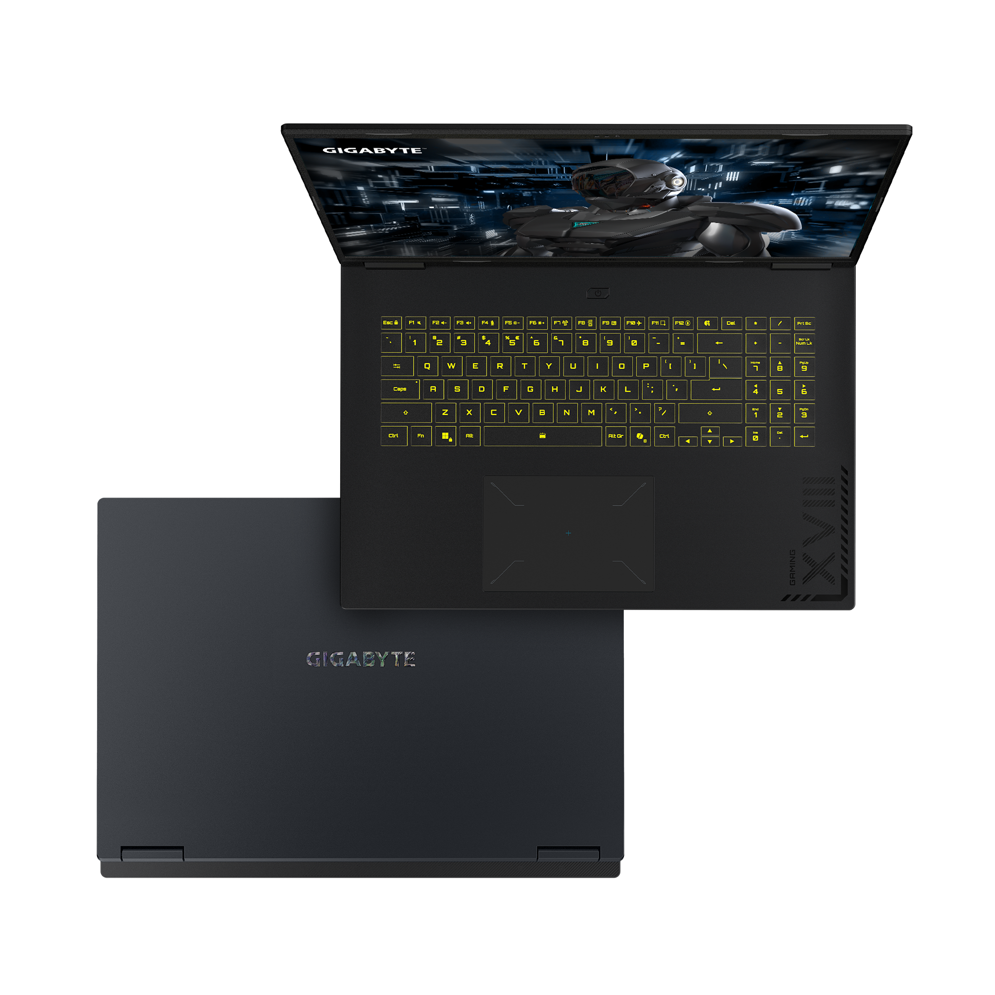 Ein schwarzer Laptop mit beleuchteter Tastatur und geöffnetem Bildschirm.