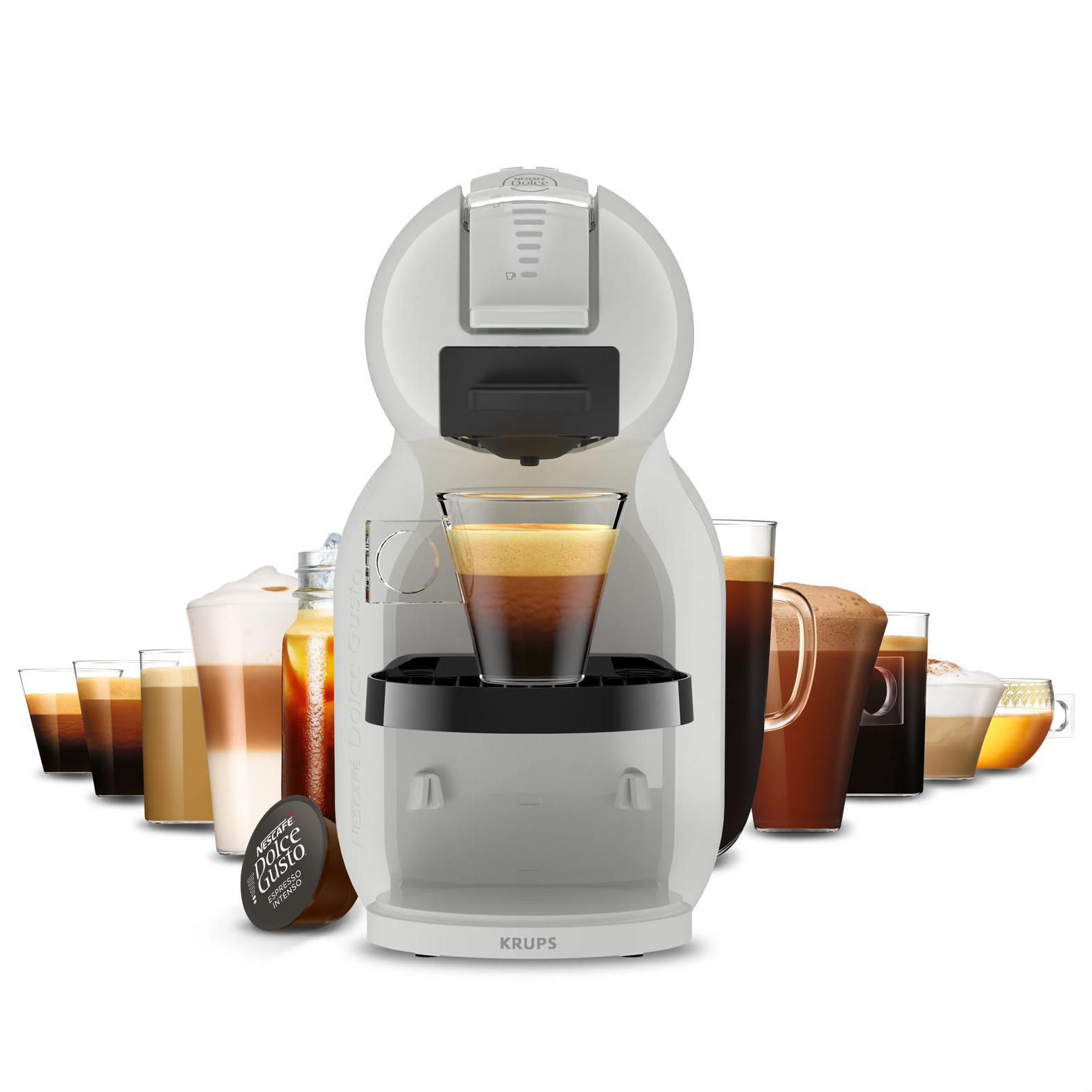 Weiße Kaffeemaschine mit einer Espressotasse und verschiedenen Kaffeegetränken.