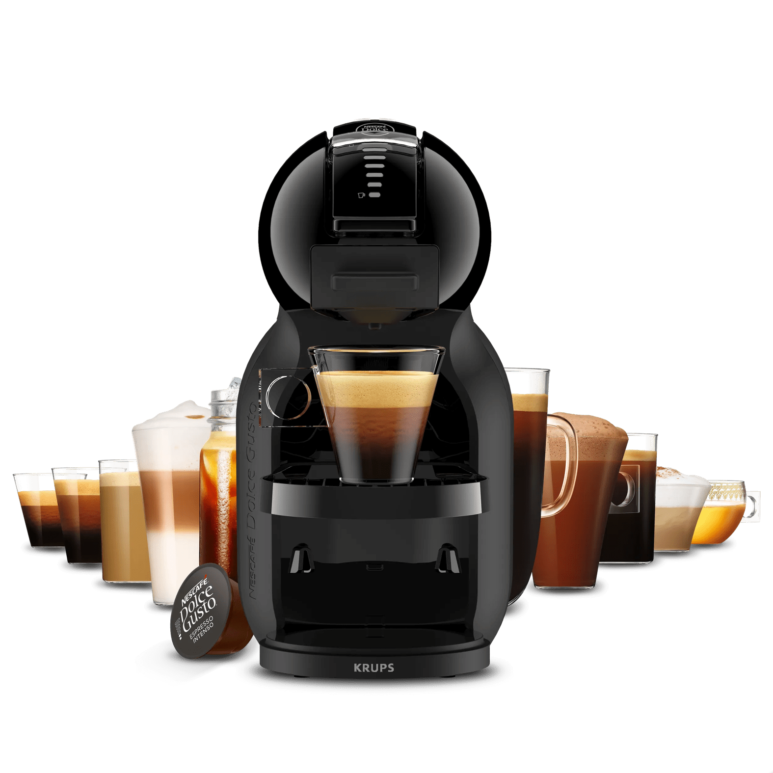 Eine schwarze Kaffeemaschine mit verschiedenen Kaffeegetränken daneben.