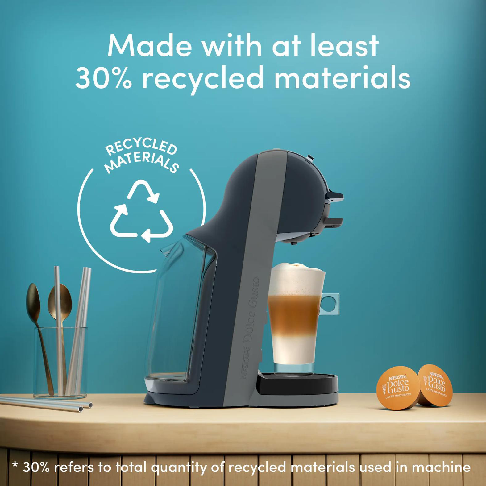 Kaffeemaschine mit Latte Macchiato, Kapseln und Löffeln. Mit Recycling-Symbol.