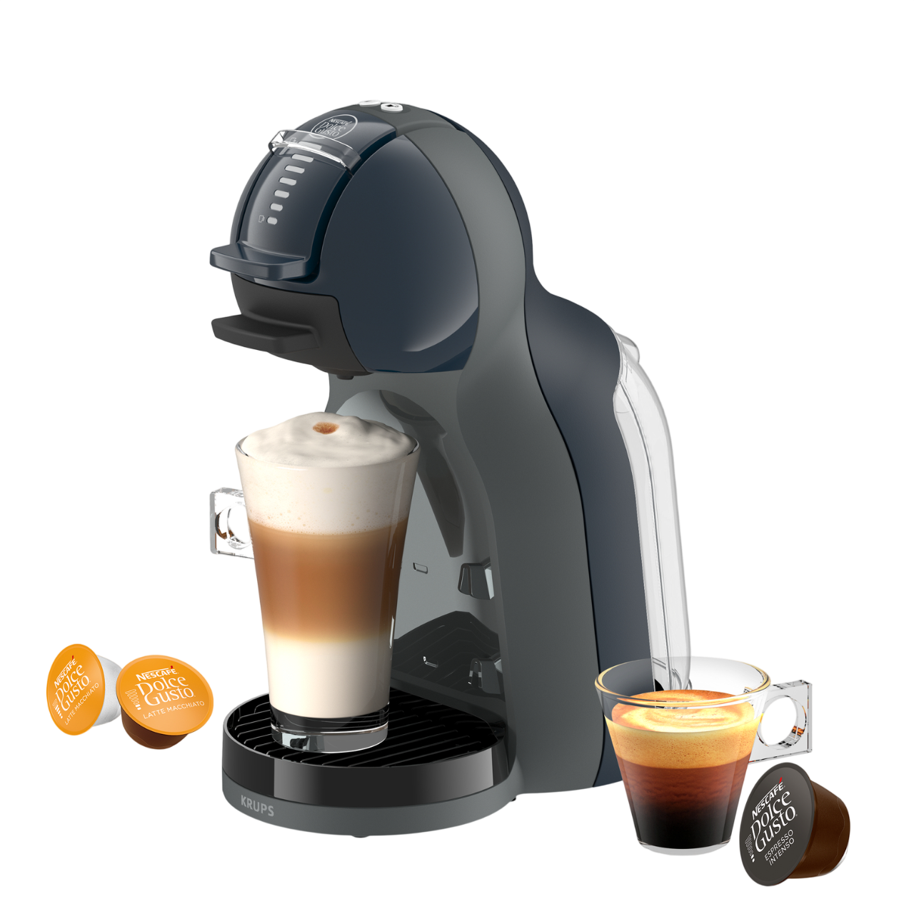 Eine Nescafé Dolce Gusto Kaffeemaschine mit zwei Tassen Kaffee und Kapseln.