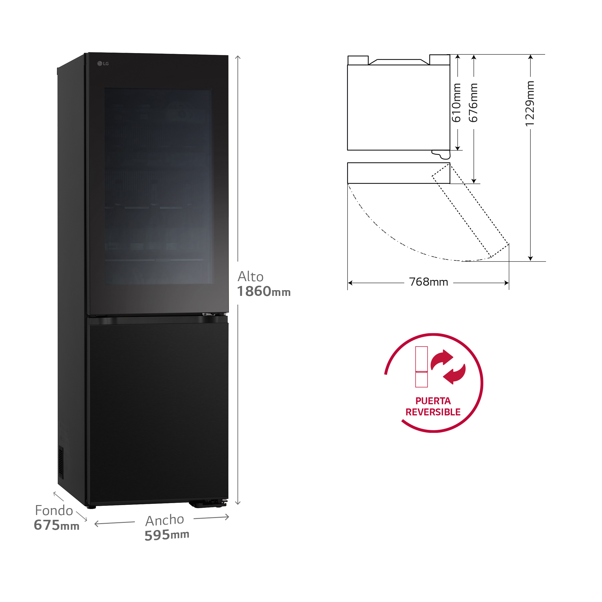 Refrigerador LG negro con parte superior de cristal y dimensiones: A 1860mm, An 595mm, P 675mm.