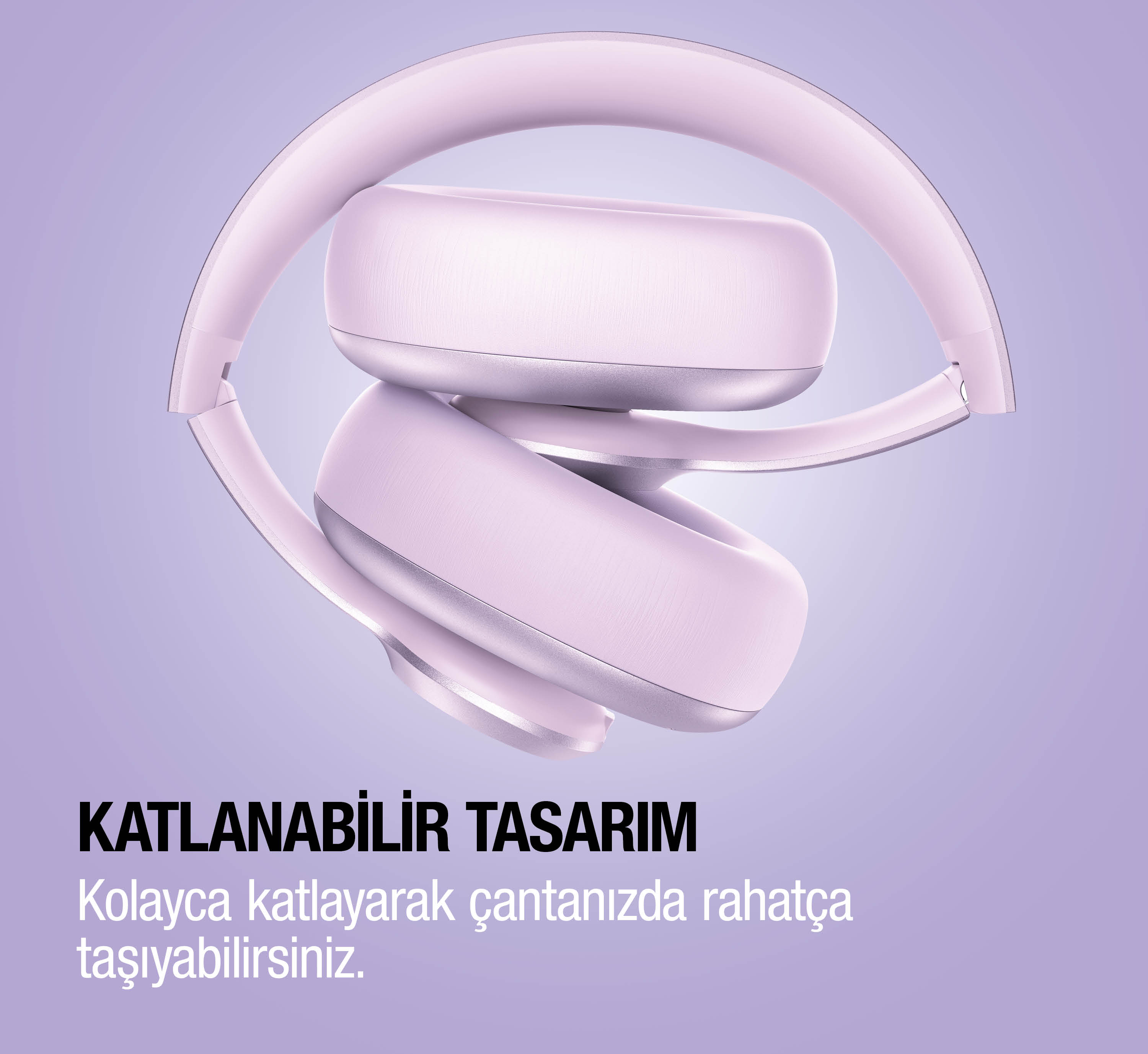 Katlanabilir, pembe kulaklık mor arka plan üzerinde gösteriliyor.