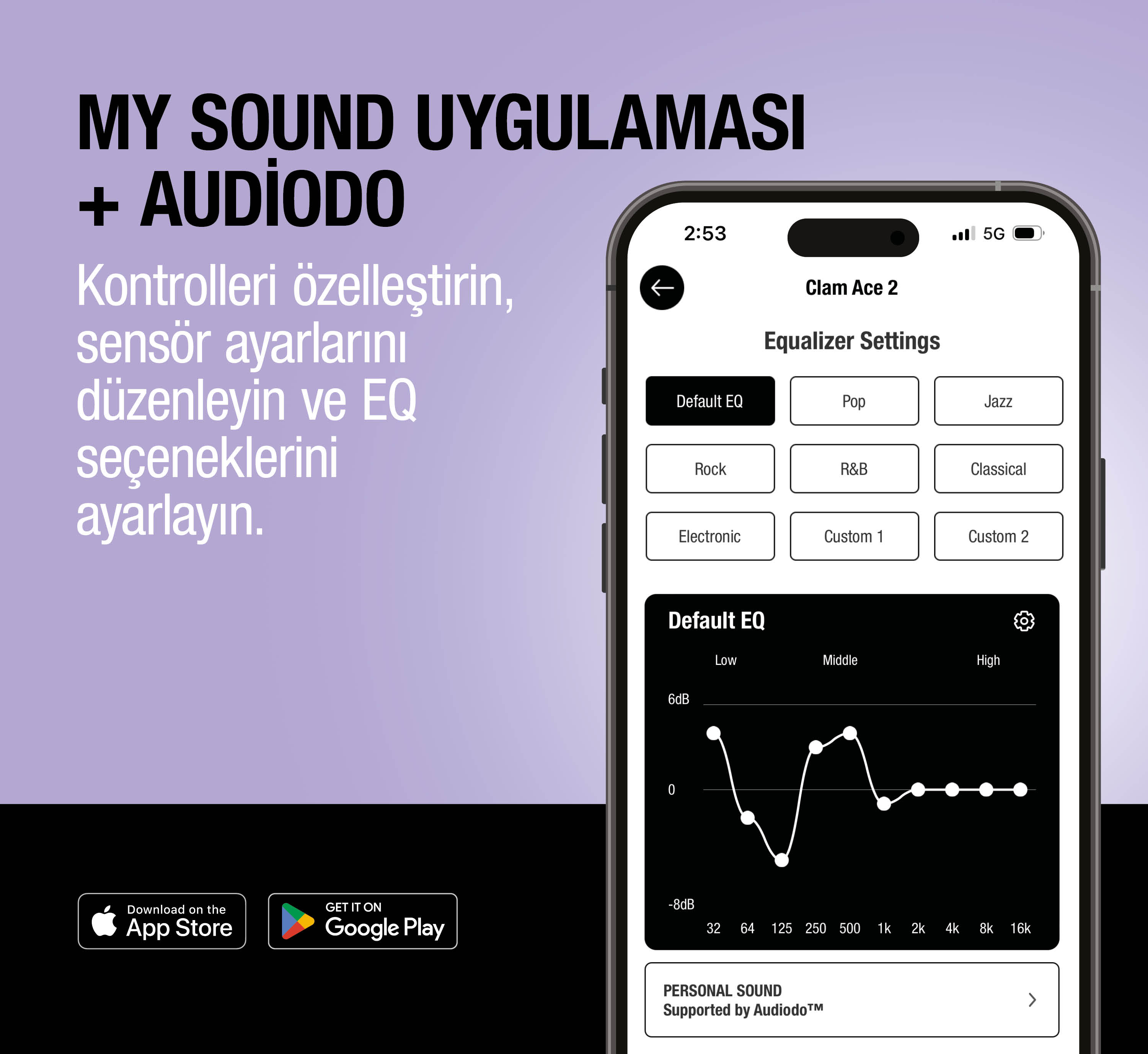EQ ayarları, ses kontrolleri ve indirme düğmelerini gösteren uygulama ekranı.