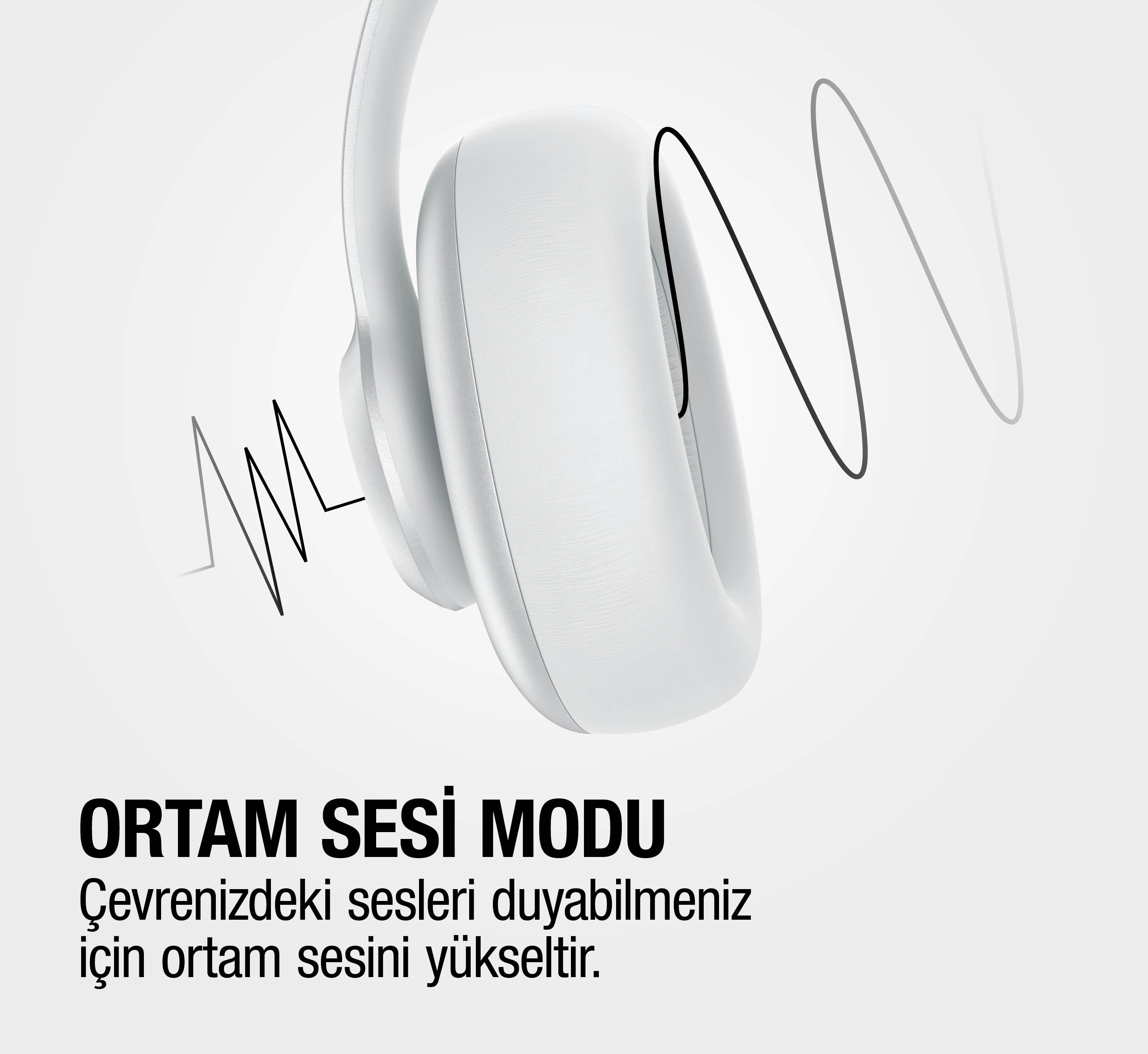 Dalga grafikli beyaz kulaklık. "Ortam Sesi Modu".
