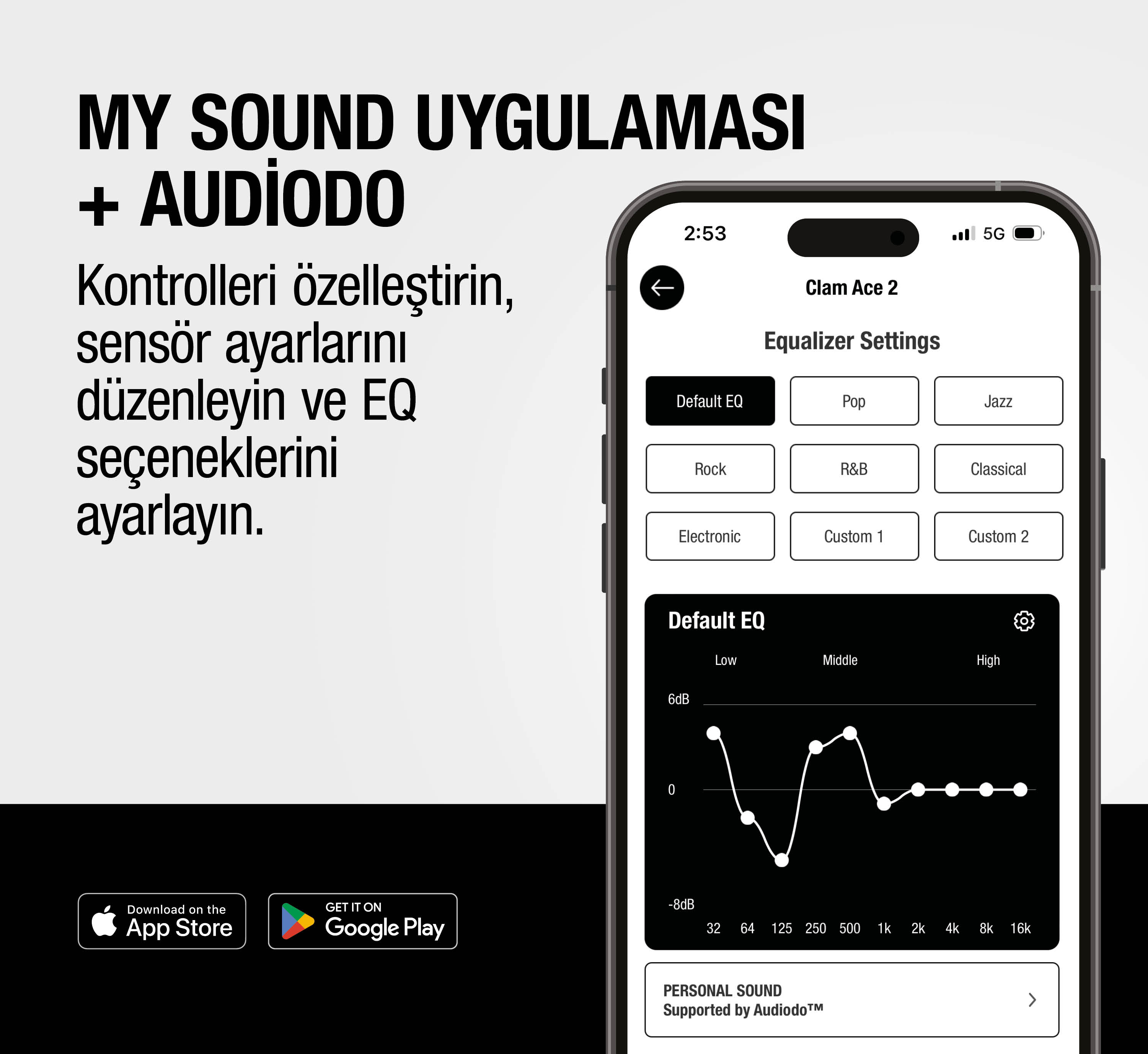 Akıllı telefon ekranında EQ ayarları ve ses profilleri içeren uygulama.