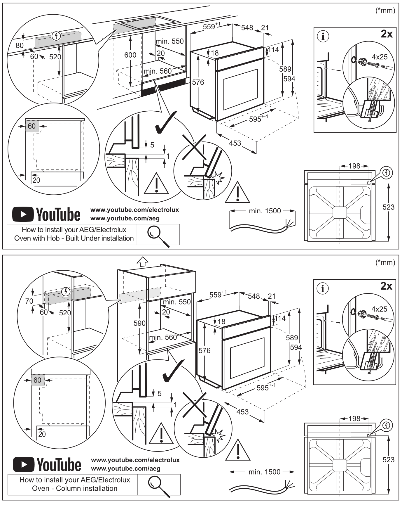 Diagramok mutatják az AEG/Electrolux főzőlappal ellátott, pult alá szerelhető sütő méreteit.