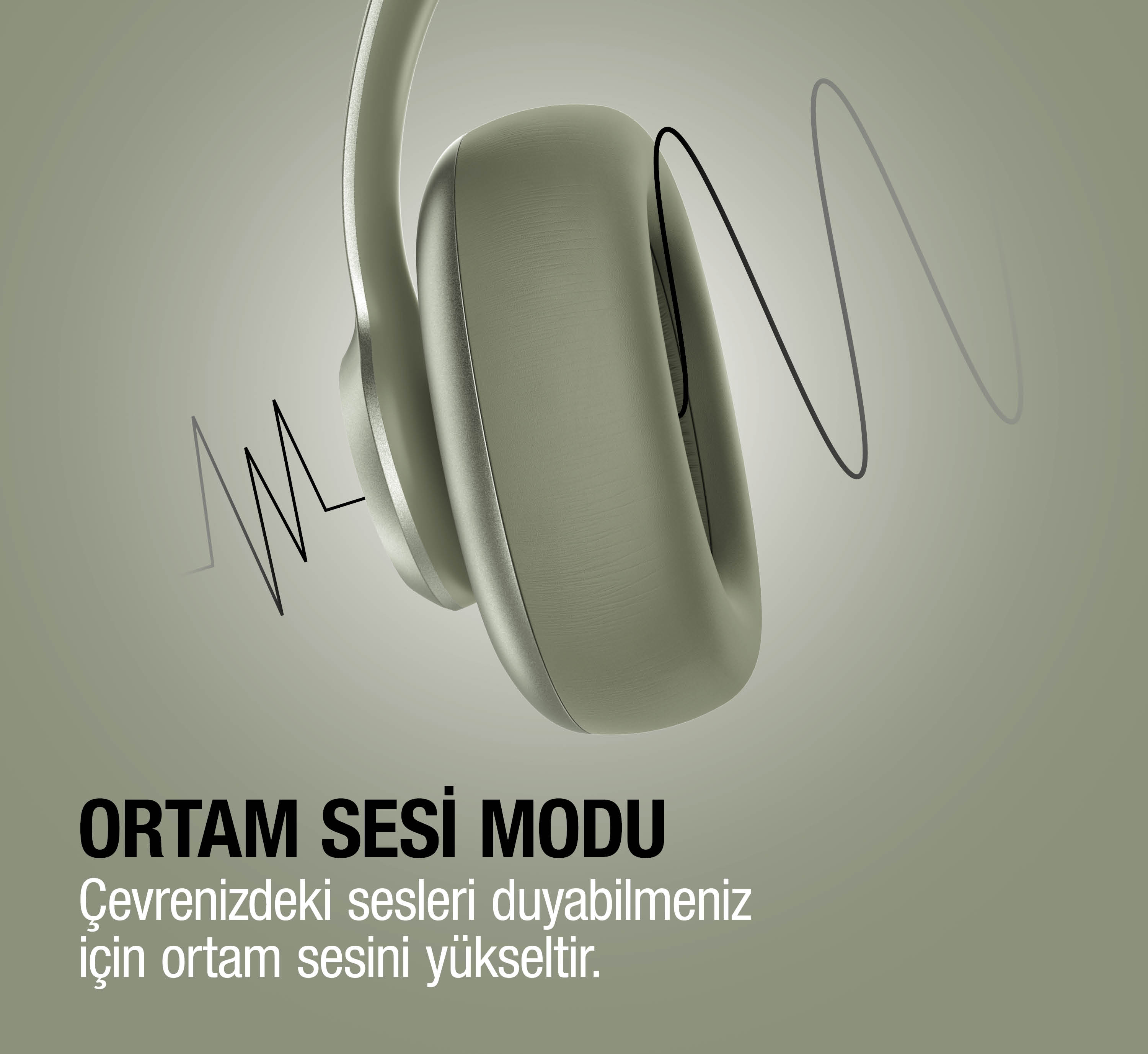Ses dalgası grafiği ve Türkçe metinli yeşil kulaklık.