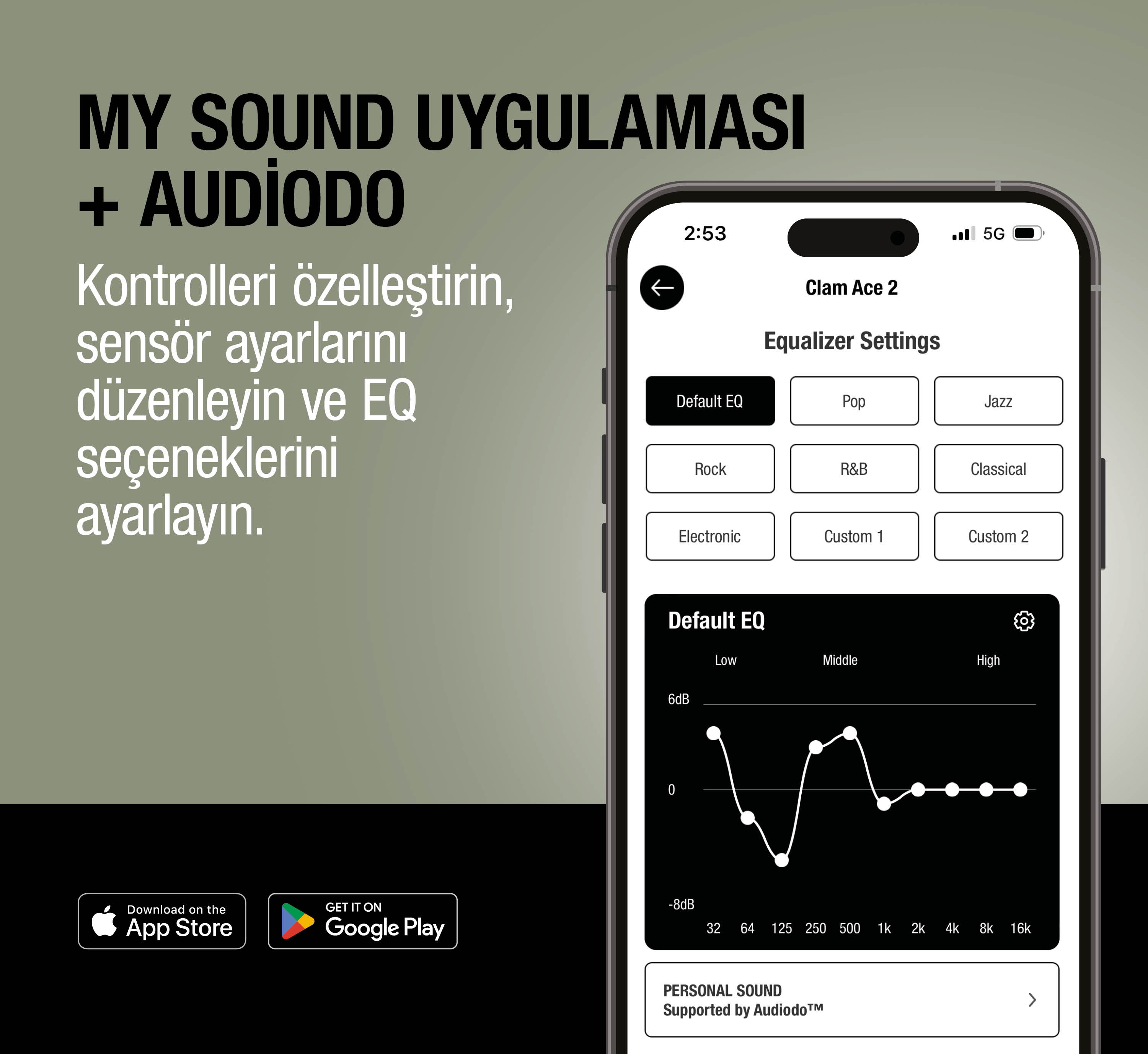 Kulaklıklar için ekolayzır ayarlarını gösteren uygulama ekranı. Pop, Rock, Jazz gibi seçenekler sunar.