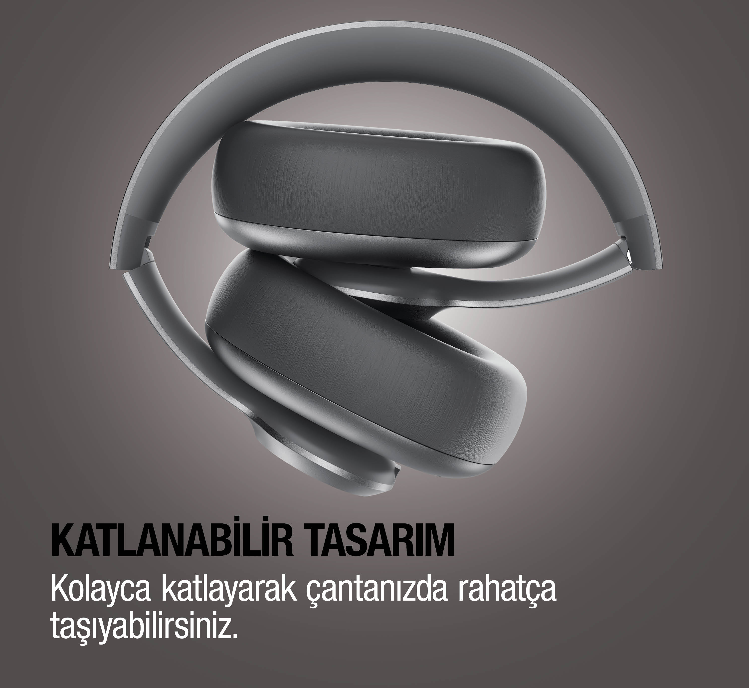 Kolay taşınabilirlik ve saklama için tasarlanmış gri, katlanabilir kulaklık.