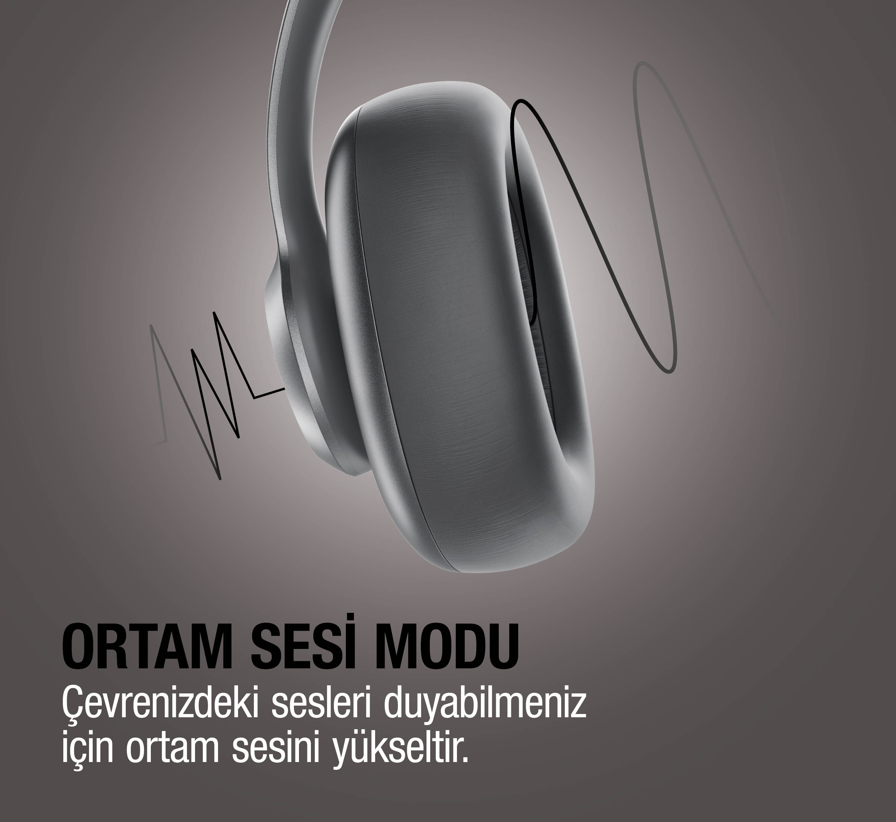 Ses dalgası grafiği ve metinli gri kulaklık.