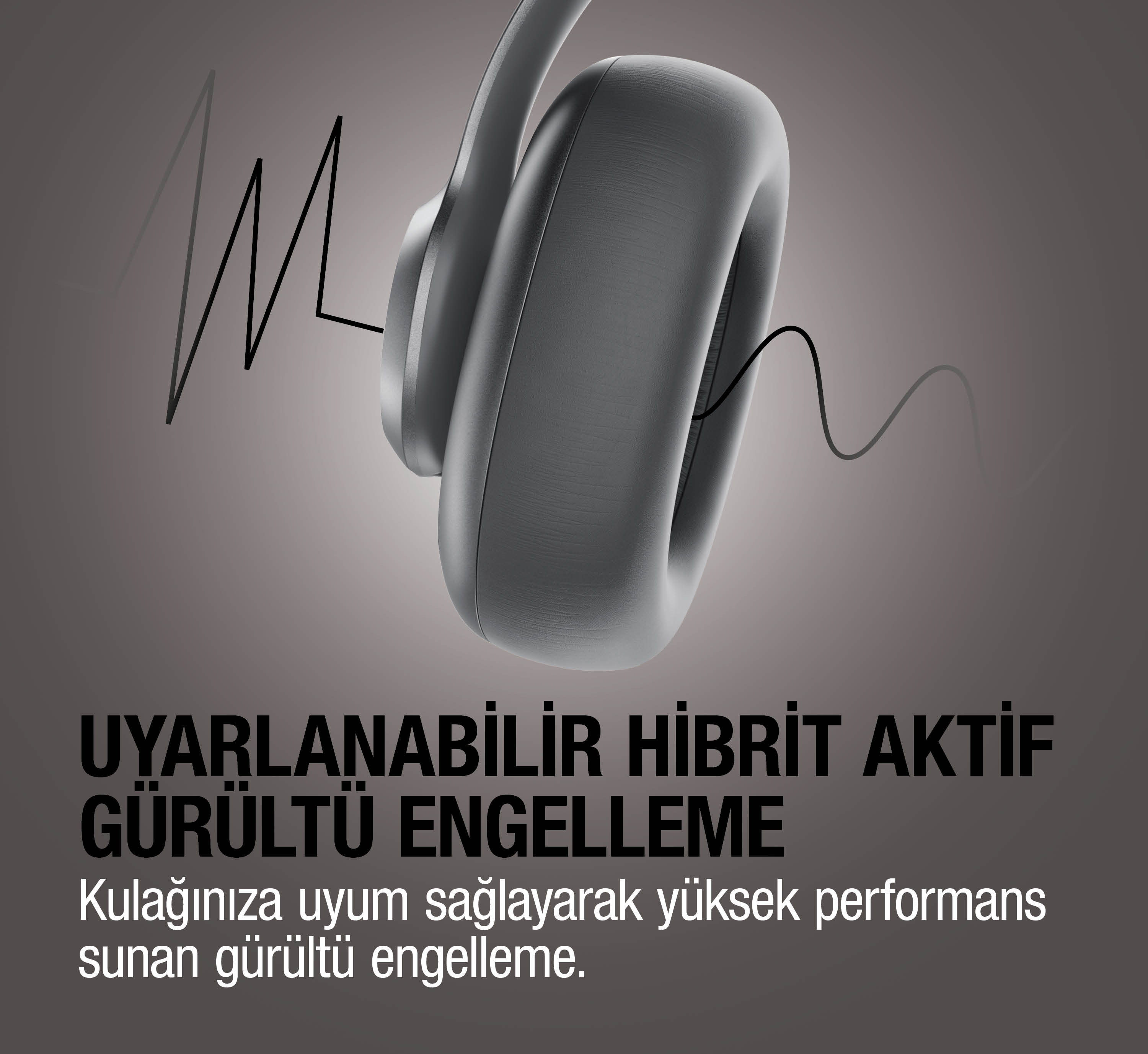 Dalgalı çizgiler ve metin içeren gri kulaklık.