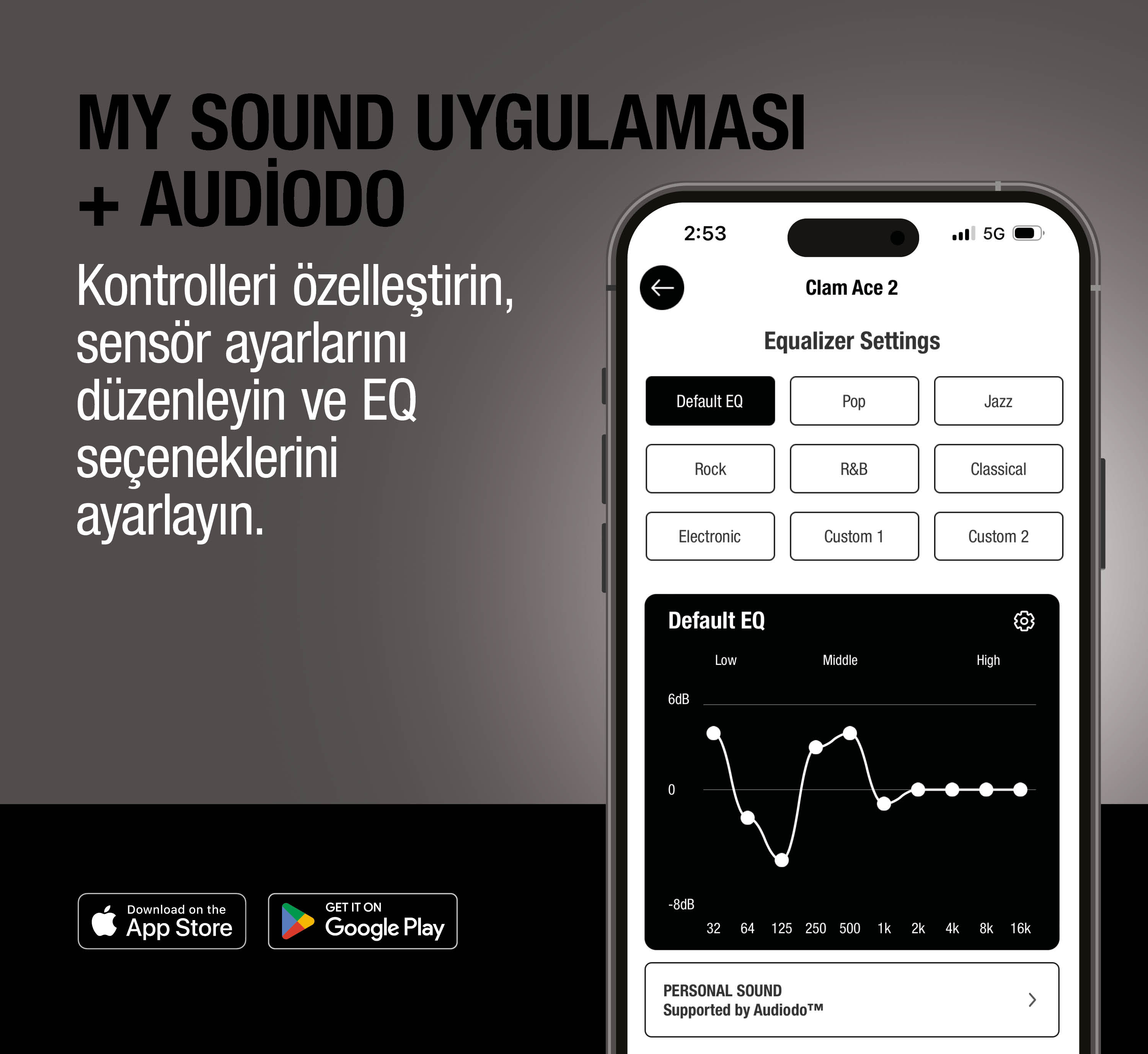 EQ ayarları, ses seviyeleri ve ekolayzır eğrisini gösteren uygulama ekranı.