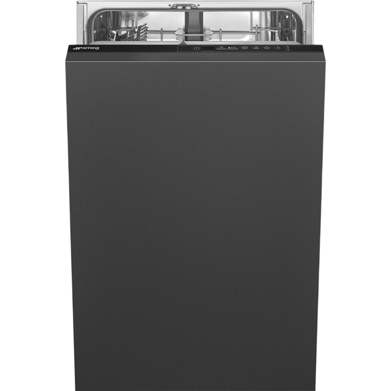 Ein dunkler Smeg-Geschirrspüler mit geöffnetem Oberkorb und Bedienfeld.