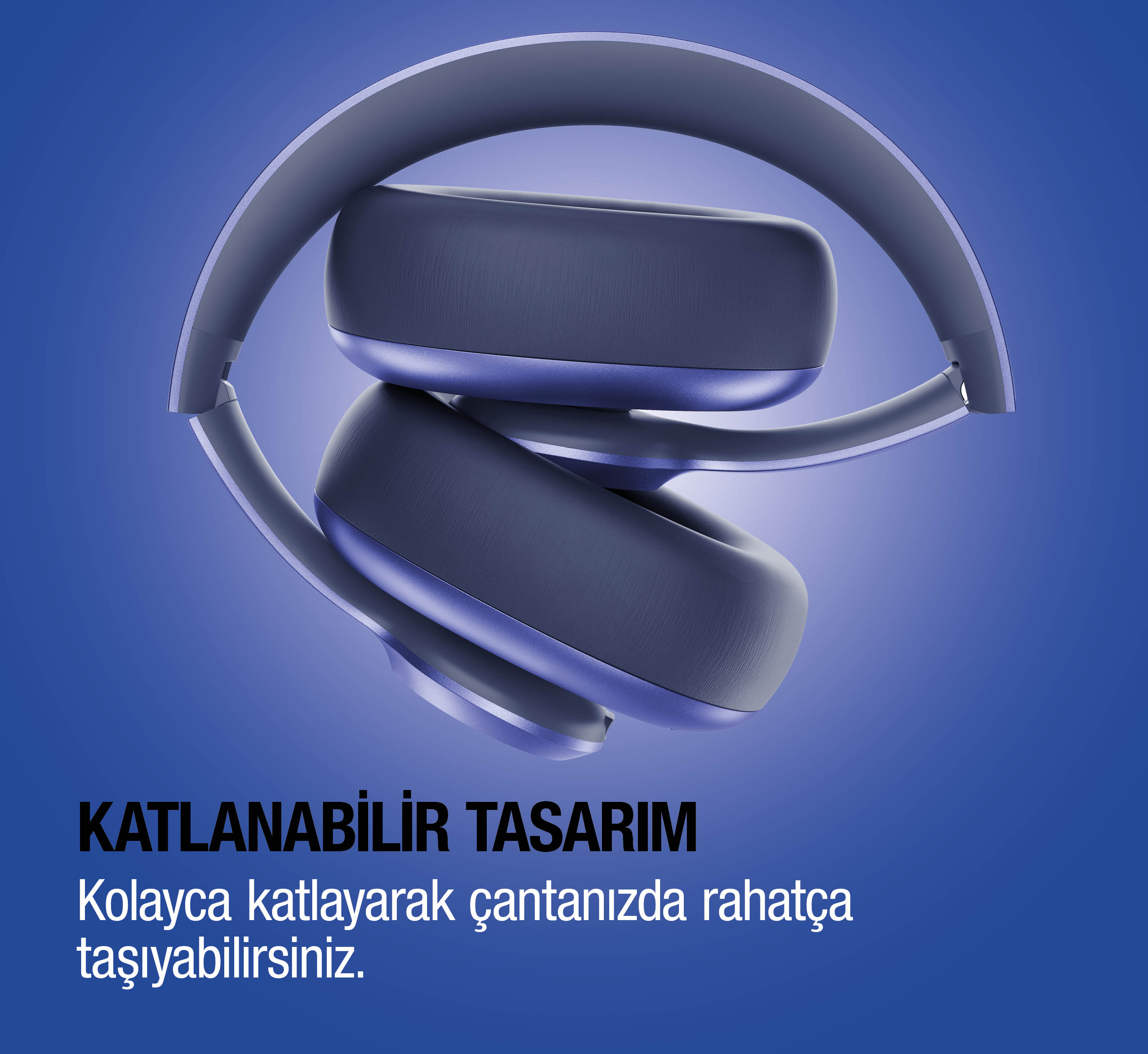Mavi degrade arka plan üzerinde katlanabilir gri kulaklık.