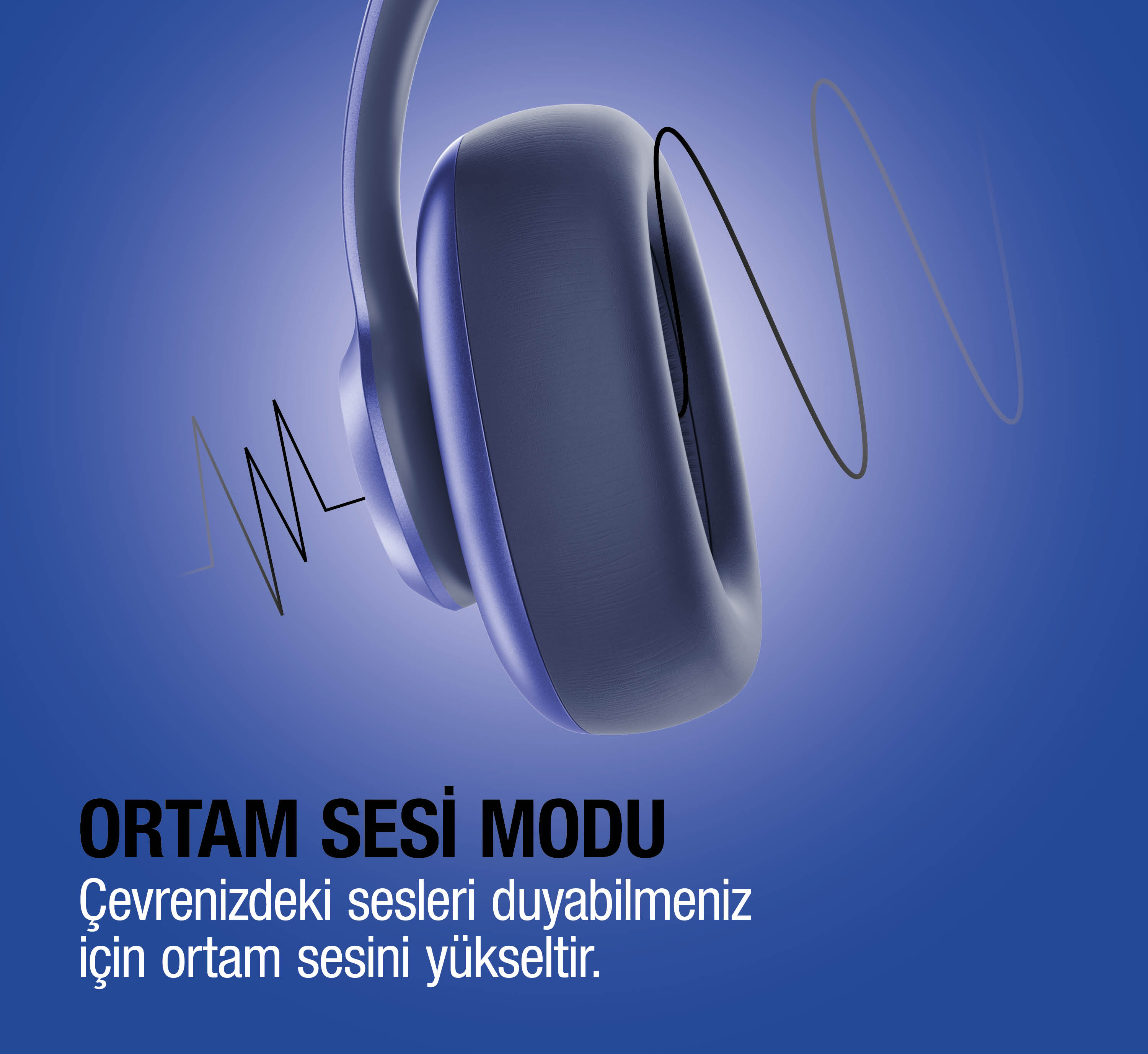 Dalga formu grafikli ve Türkçe metinli kablosuz kulaklık.