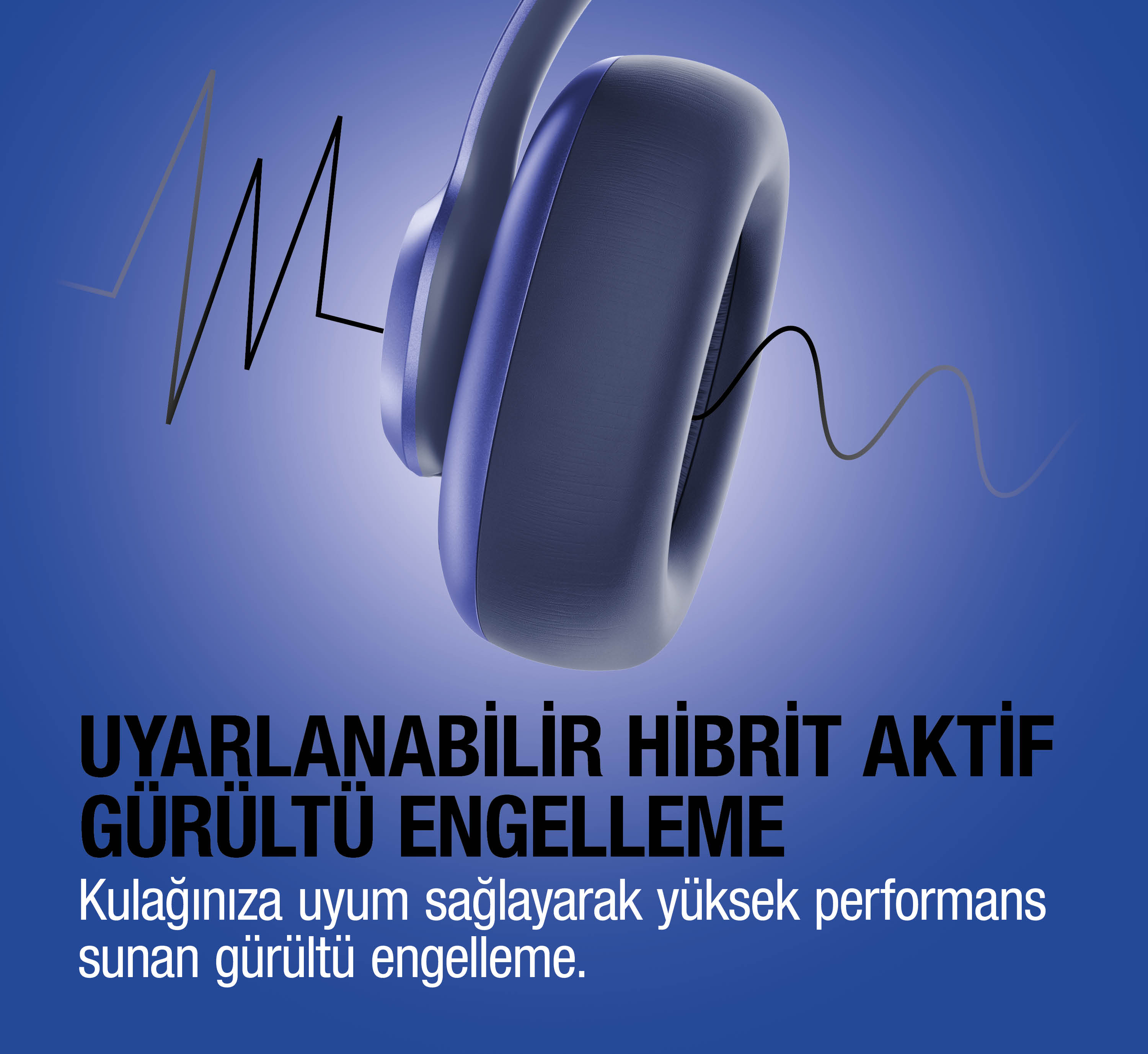 Mavi arka plan üzerinde ses dalgası grafikli mavi kulaklık.