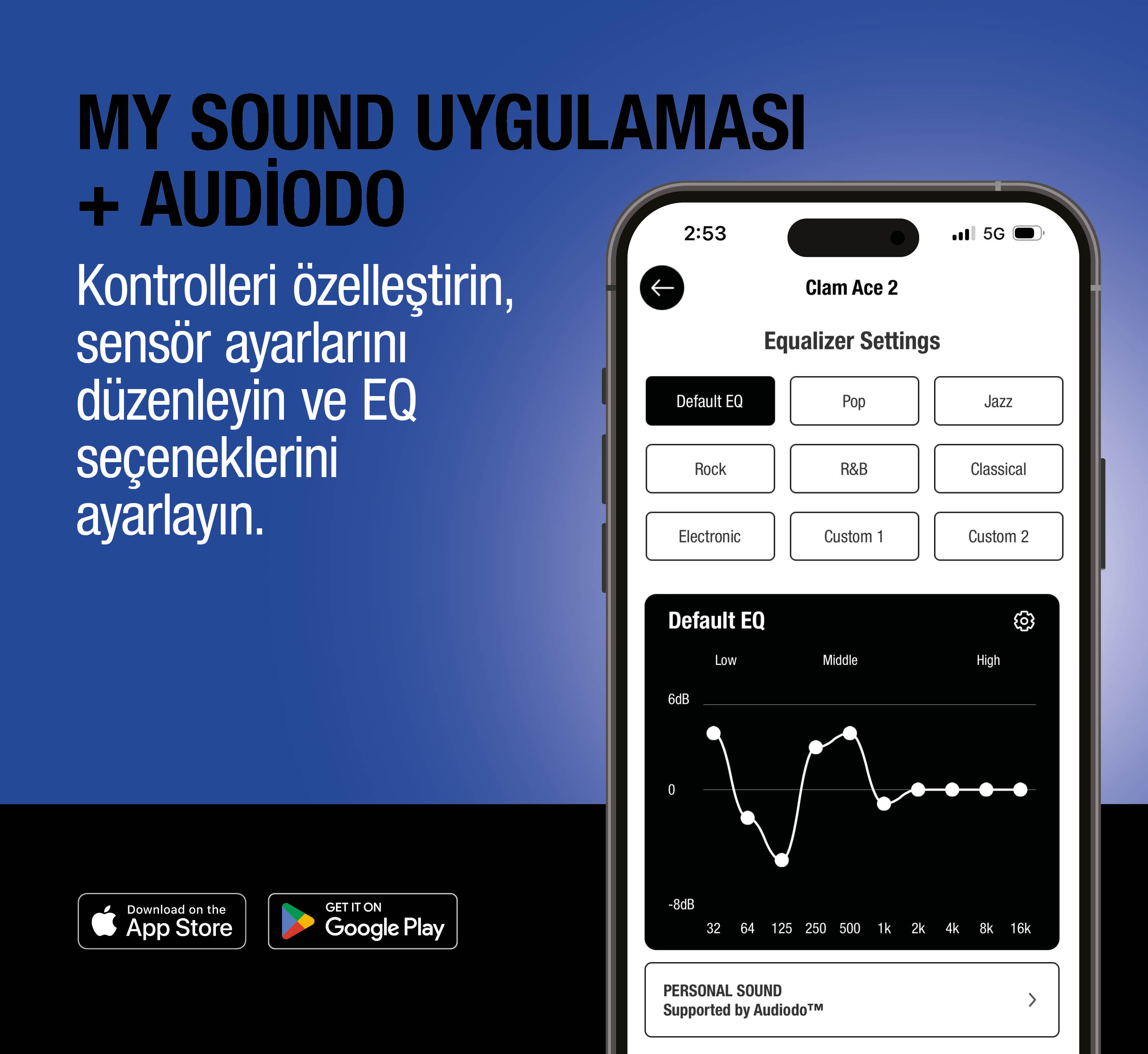 Clam Ace 2 ekolayzır ayarlarını ve EQ eğrisini gösteren uygulama ekranı.