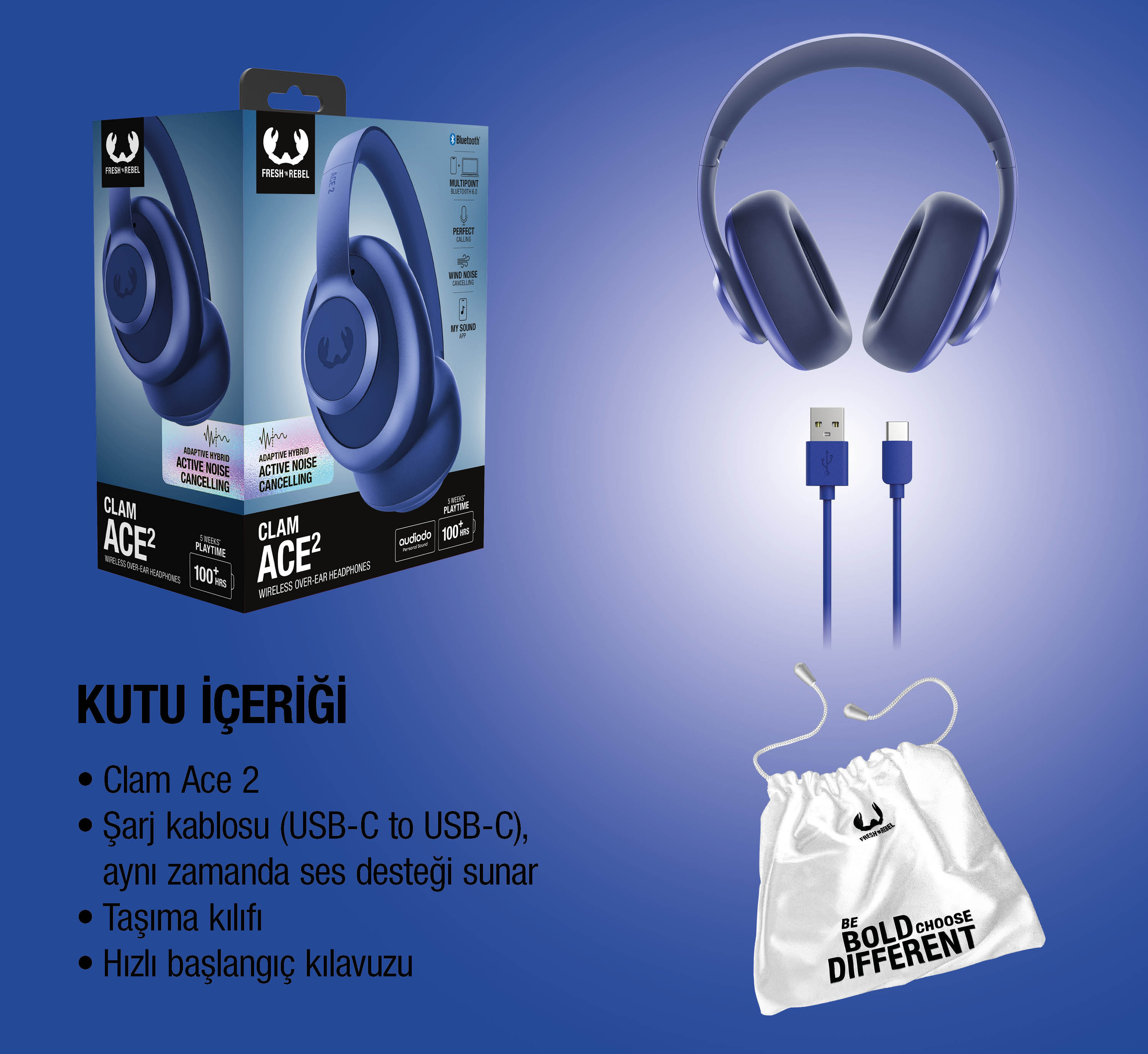 Mavi Fresh 'n Rebel Clam Ace 2 kulaklık şarj kablosu ve çantasıyla.