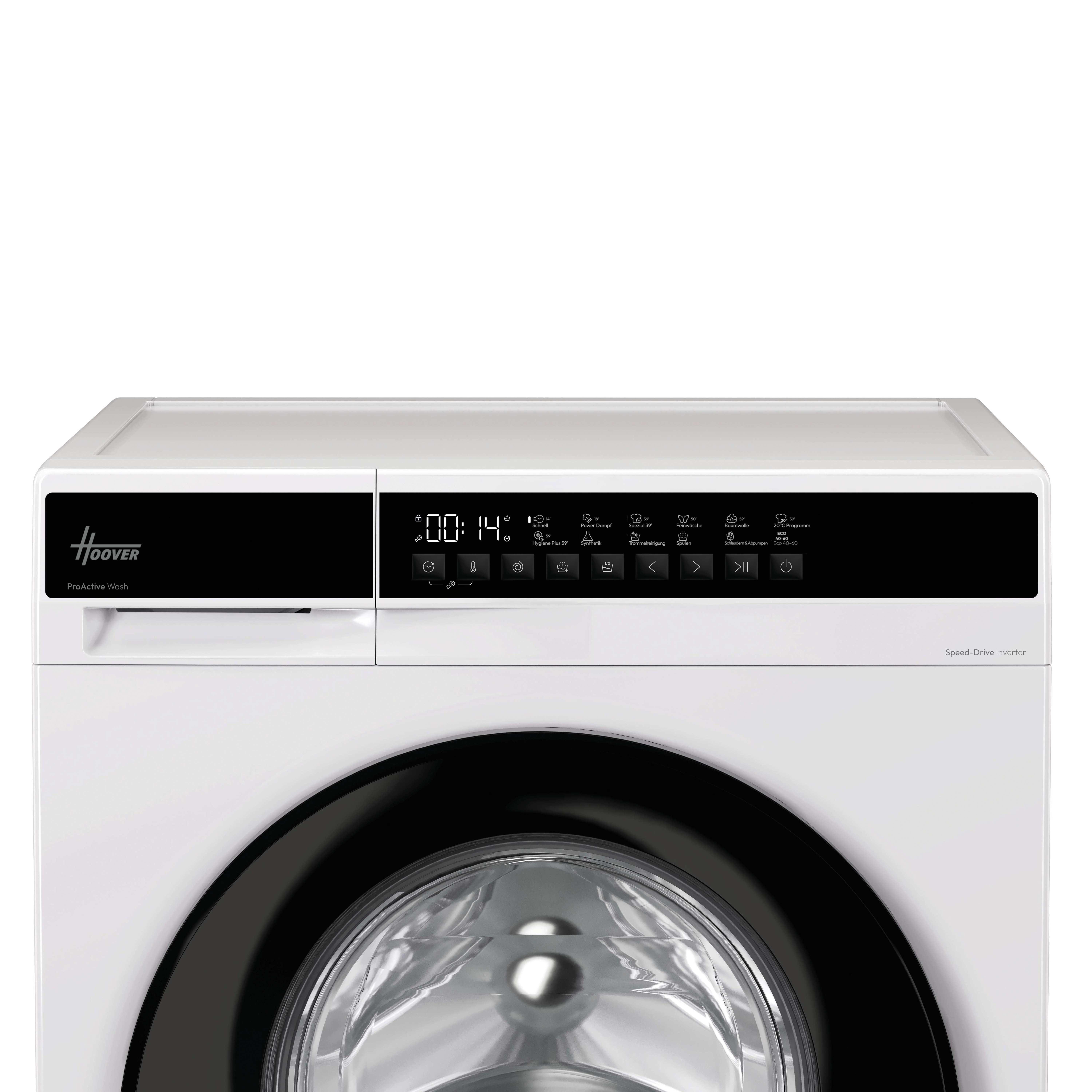 Eine weiße Hoover Waschmaschine mit schwarzem Bedienfeld und digitaler Anzeige.