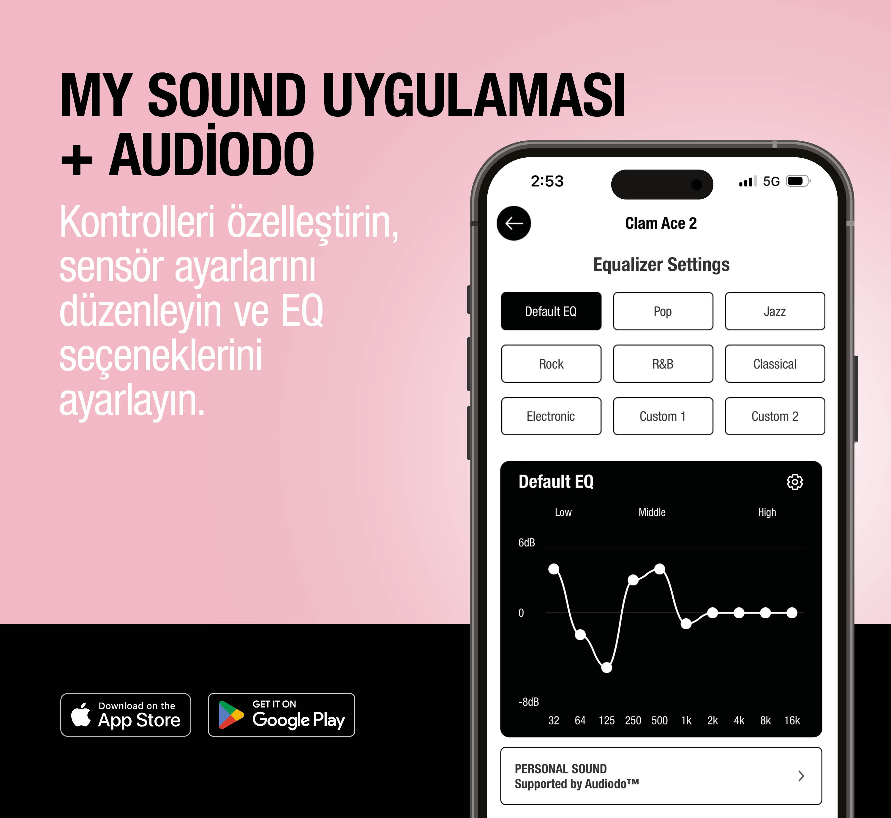 EQ ayarlarını ve App Store ile Google Play indirme düğmelerini gösteren uygulama genel bakışı.