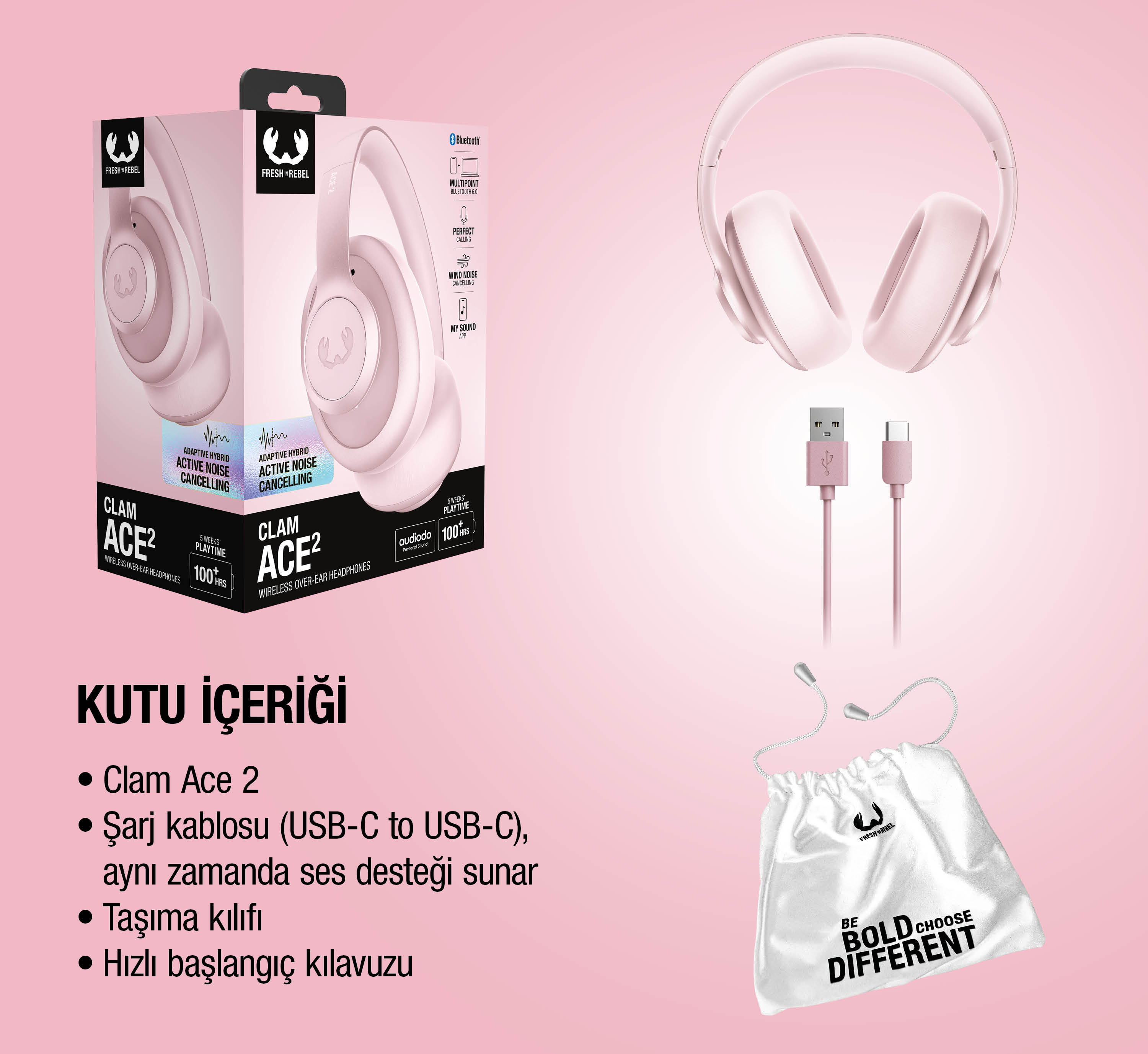 Pembe kulaklık aksesuarlarla: ambalaj, kablolar, kese. Pembe arka planda.