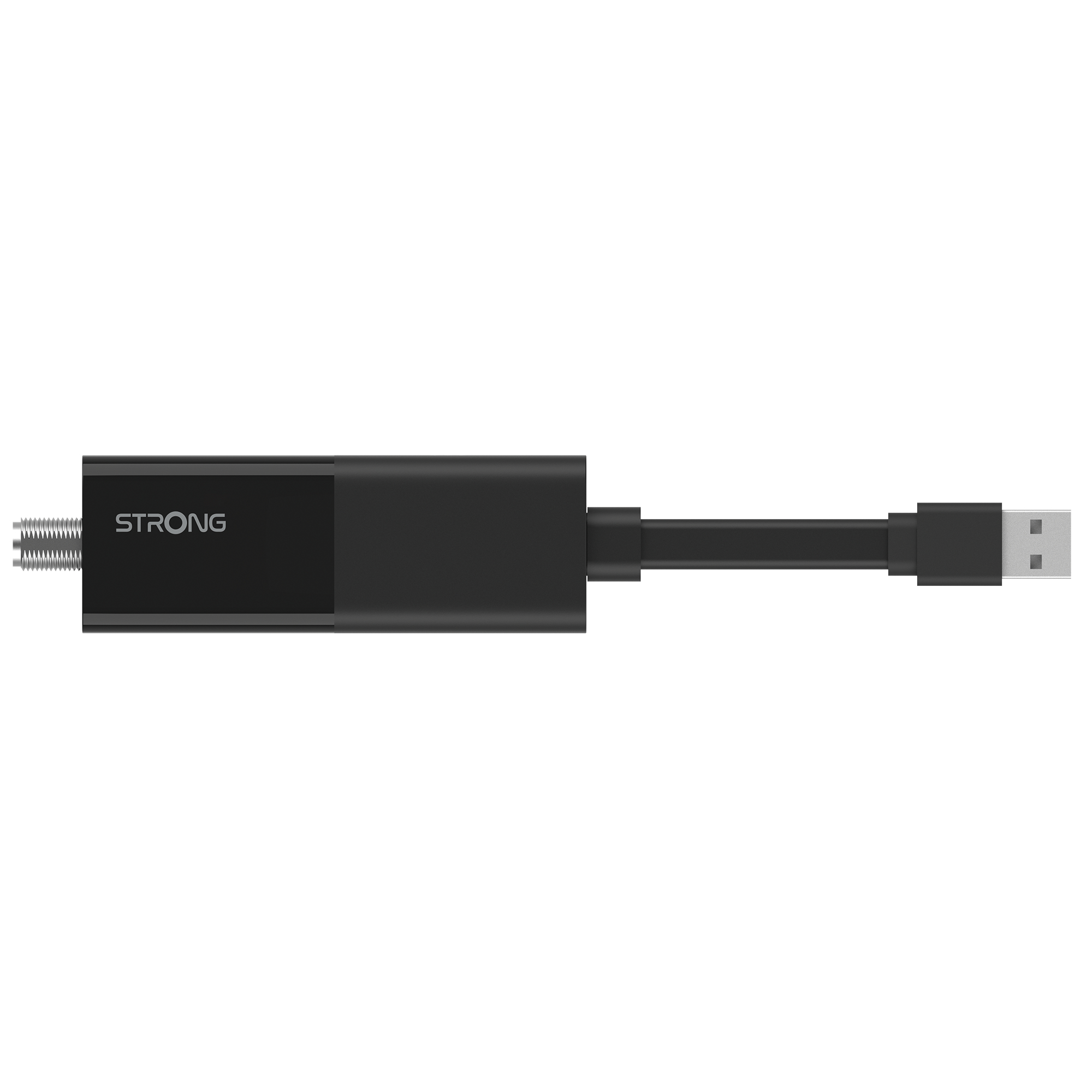 Schwarzer Adapter mit STRONG-Logo, Antennenanschluss und USB-Stecker.