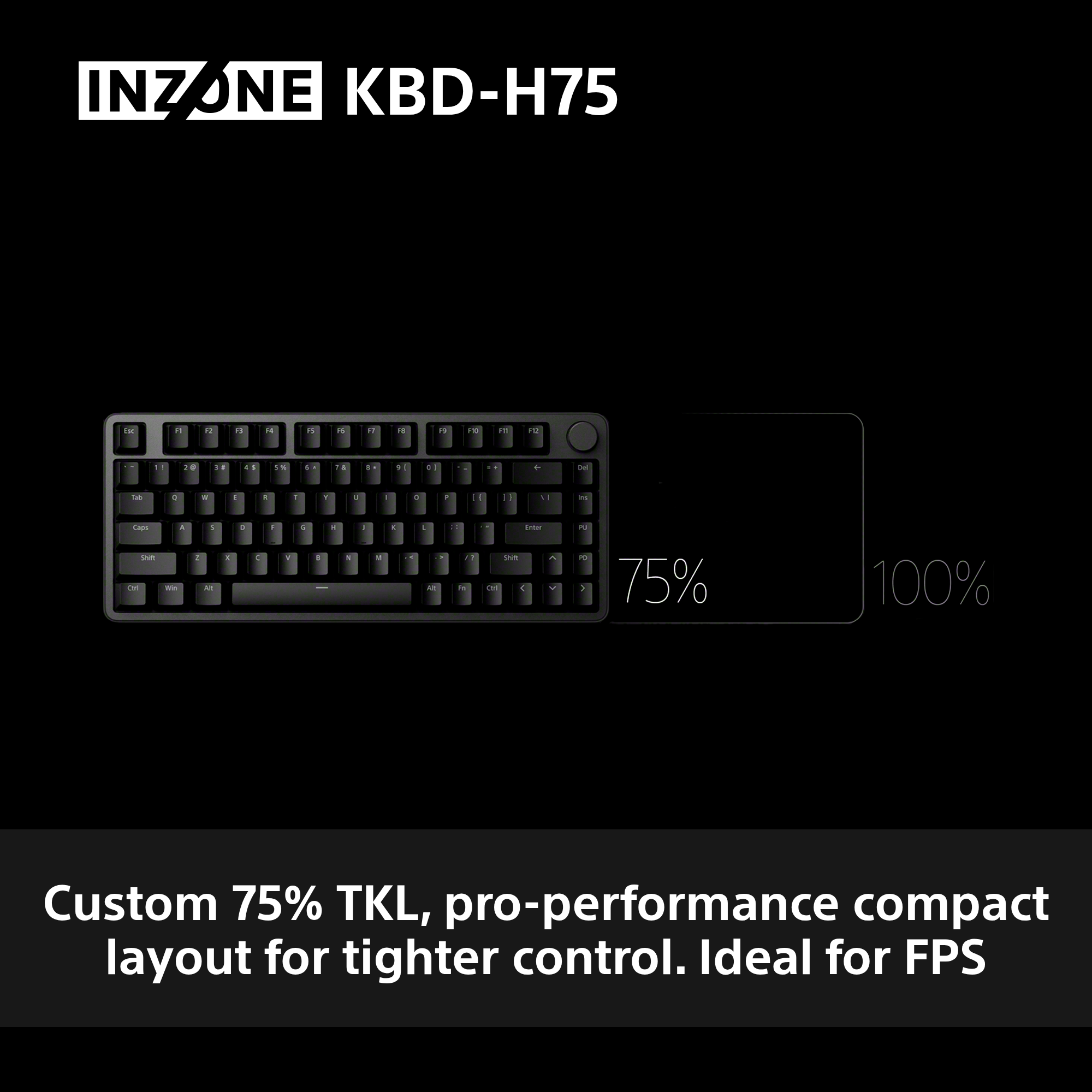 Schwarze Tastatur mit der Aufschrift INZONE KBD-H75. 75% und 100% Größen.