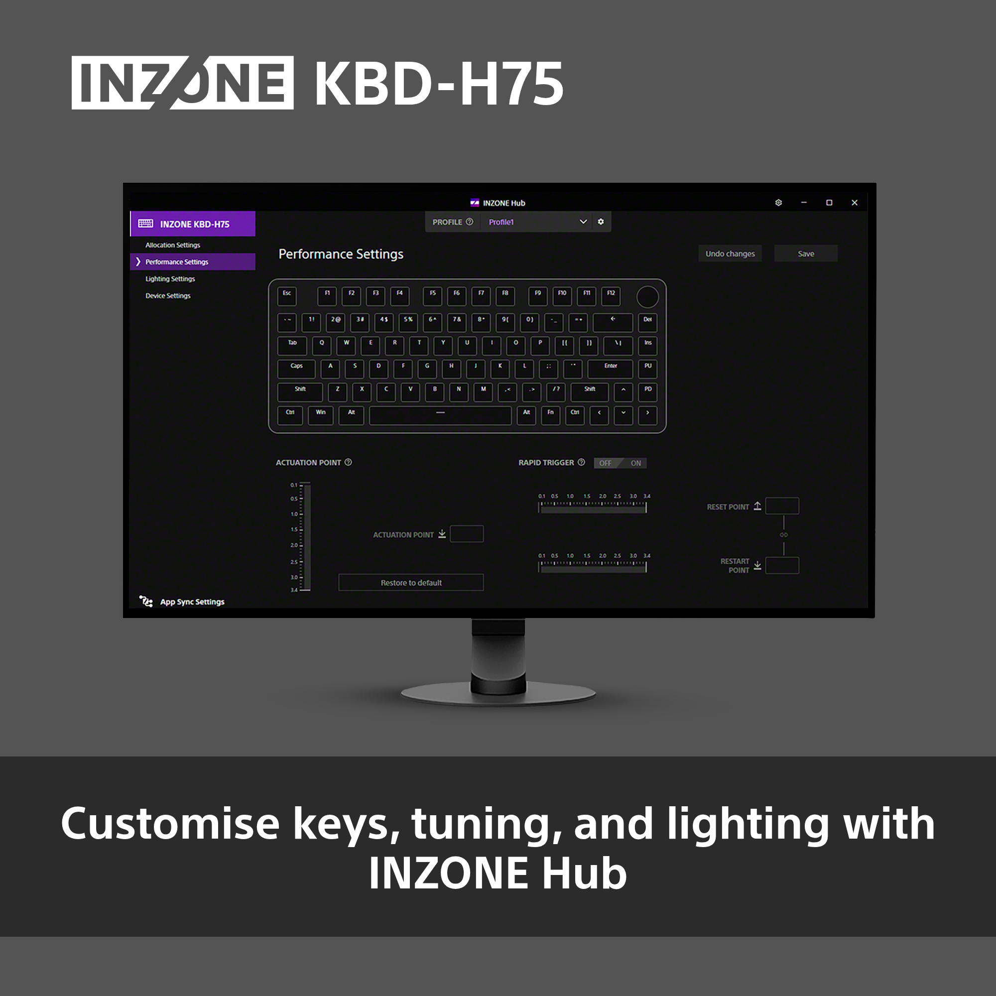 INZONE Hub Leistungseinstellungen mit Tastaturübersicht und Anpassungsoptionen.