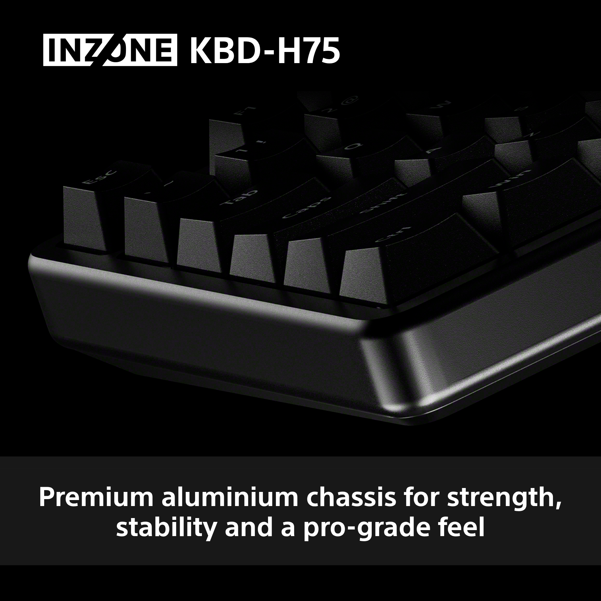 Schwarze Tastatur mit "INZONE KBD-H75"-Logo und Aluminiumgehäuse.