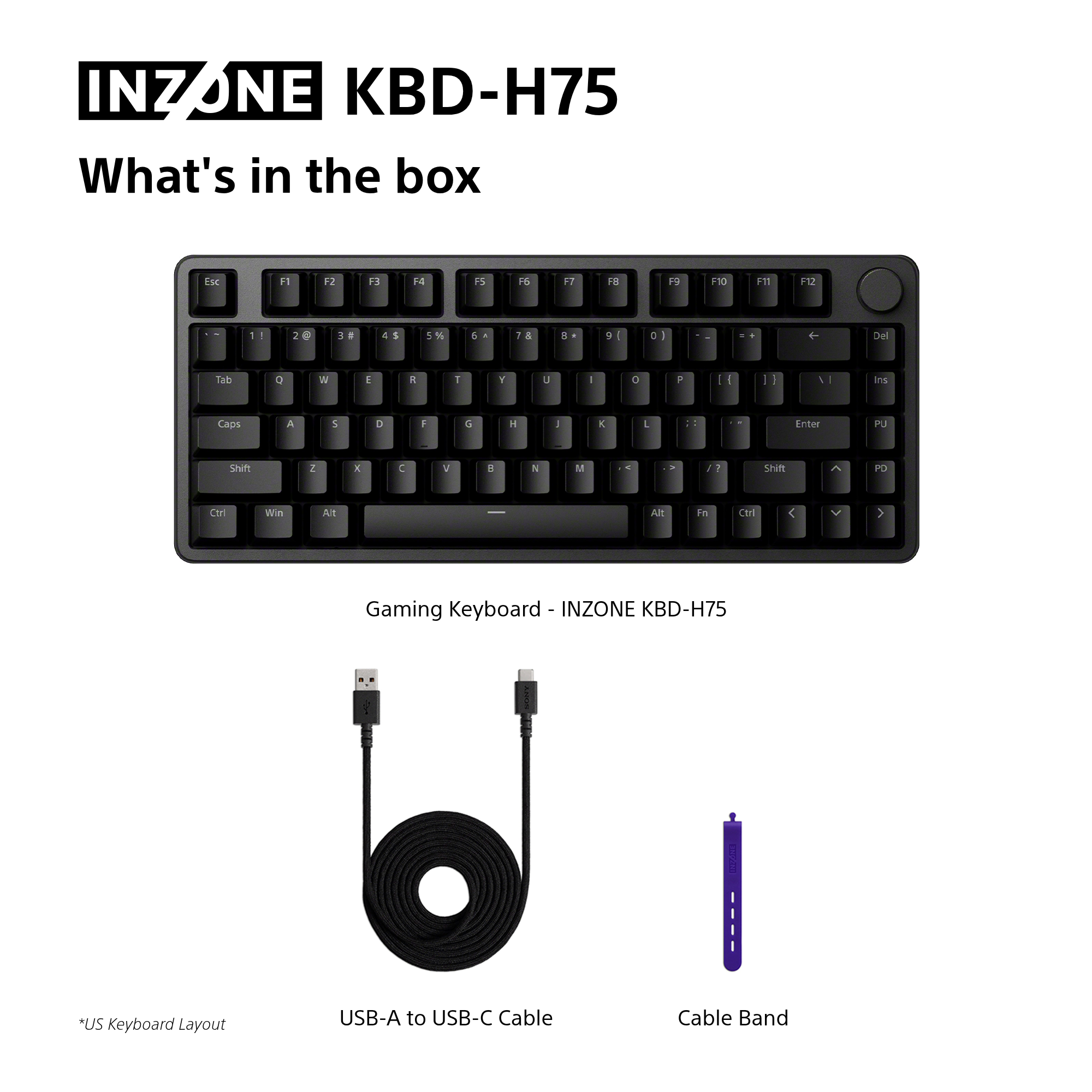INZONE KBD-H75 Gaming-Tastatur mit USB-A-zu-USB-C-Kabel und Kabelbinder.