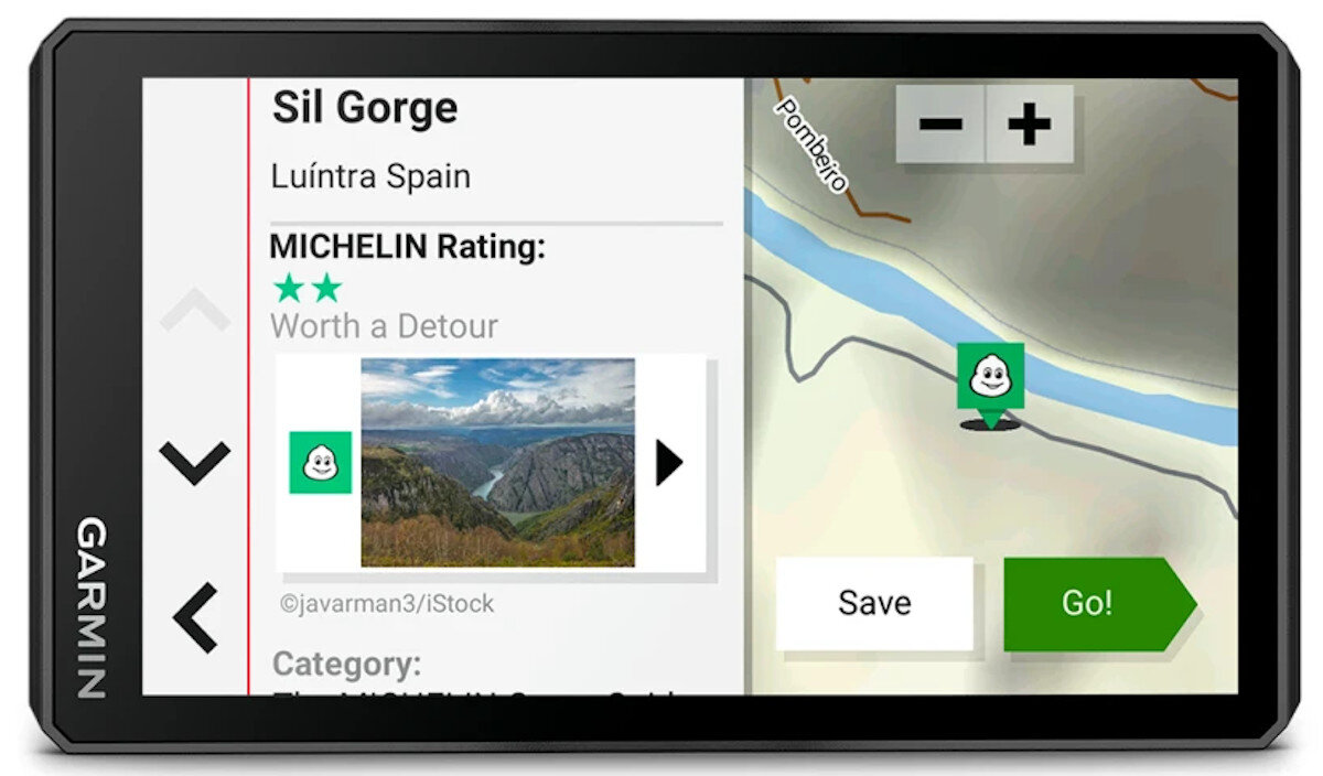 Nawigacja Garmin pokazuje Sil Gorge, Luintra, Hiszpanię z mapą i zdjęciem.